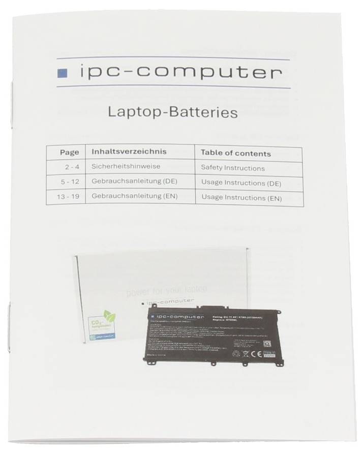Umschlag eines ipc-computer 'Laptop-Batteries'-Handbuchs mit einem Inhaltsverzeichnis und einem Produktfoto einer Laptop-Batterie am unteren Ende.