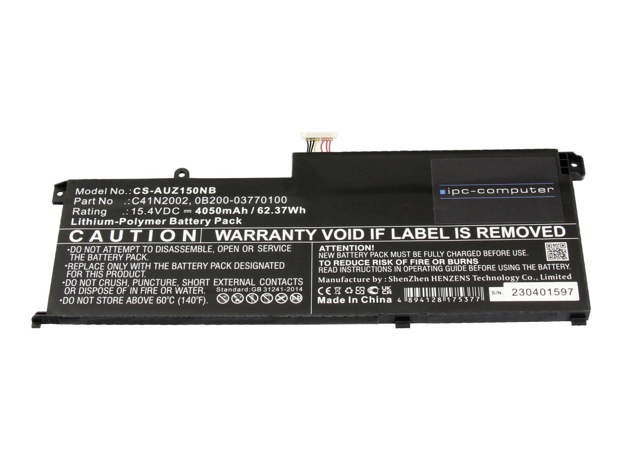 Laptop-Lithium-Ionen-Akkupack mit Warnhinweisen und Modellinformationen auf dem Gehäuse gedruckt.