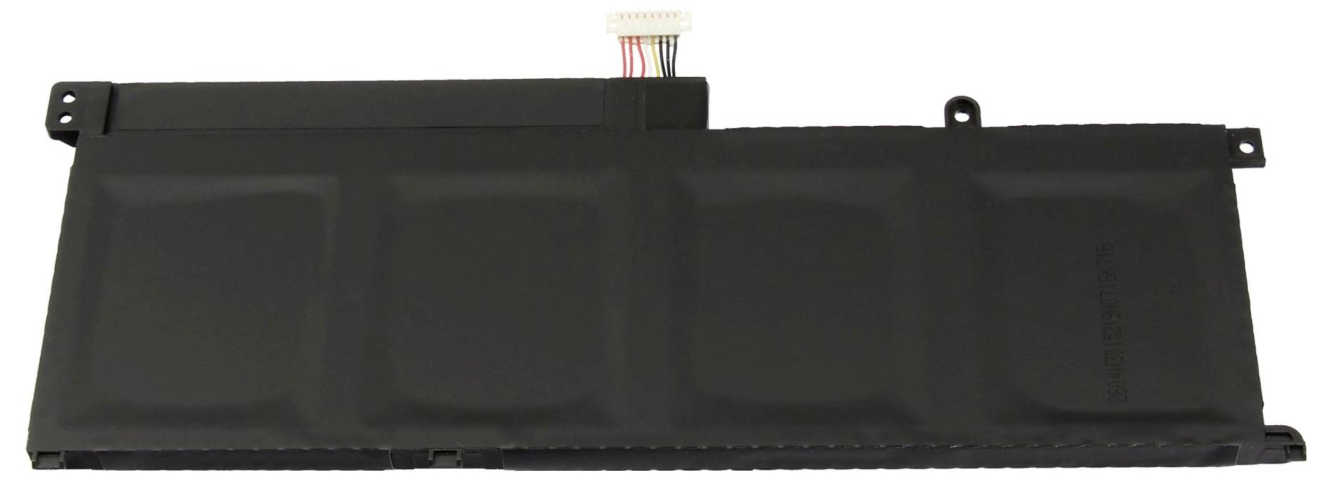 Schwarzes rechteckiges elektronisches Batteriepaket mit Montagelaschen und einem Anschllusskabel oben auf weißem Hintergrund.