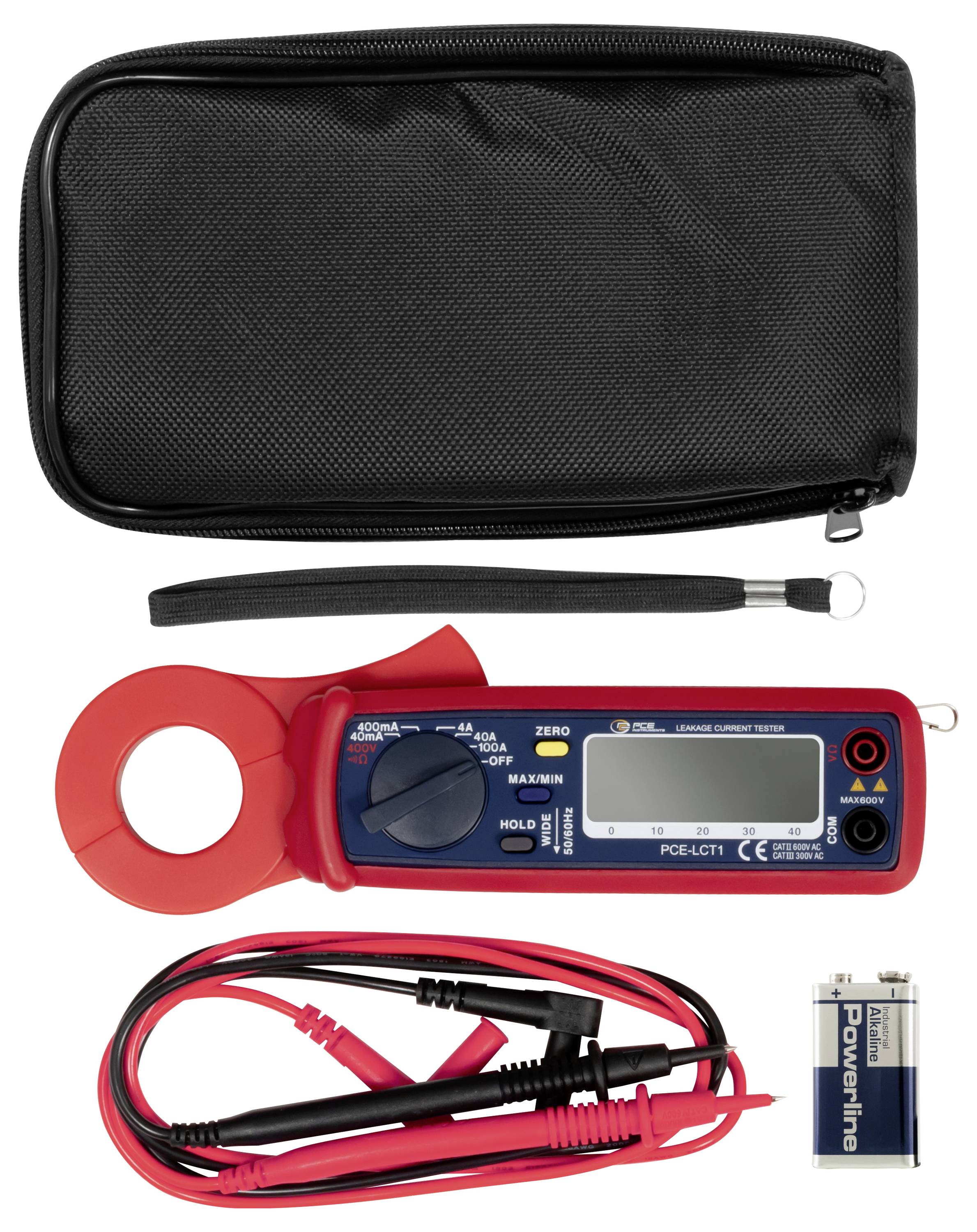 Stromzangenmessgerät-Set mit Reißverschlusstasche, Trageband, Messleitungen und 9V-Batterie.