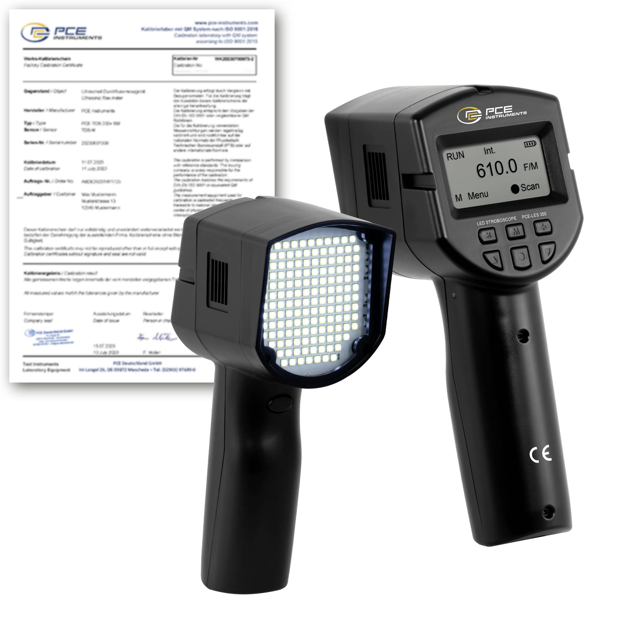 Zwei tragbare PCE-Instrumente, eines mit einem hellen LED-Messkopf und das andere ein Display mit der Anzeige 610,0 FM, mit einem Kalibrierzertifikat im Hintergrund.