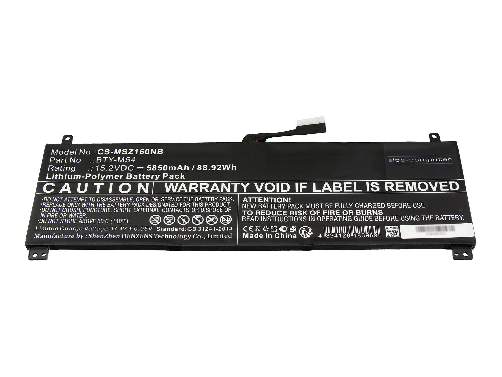 Schwarzes Laptop-Akkupack mit der Beschriftung „CAUTION WARRANTY LABELS REMOVED