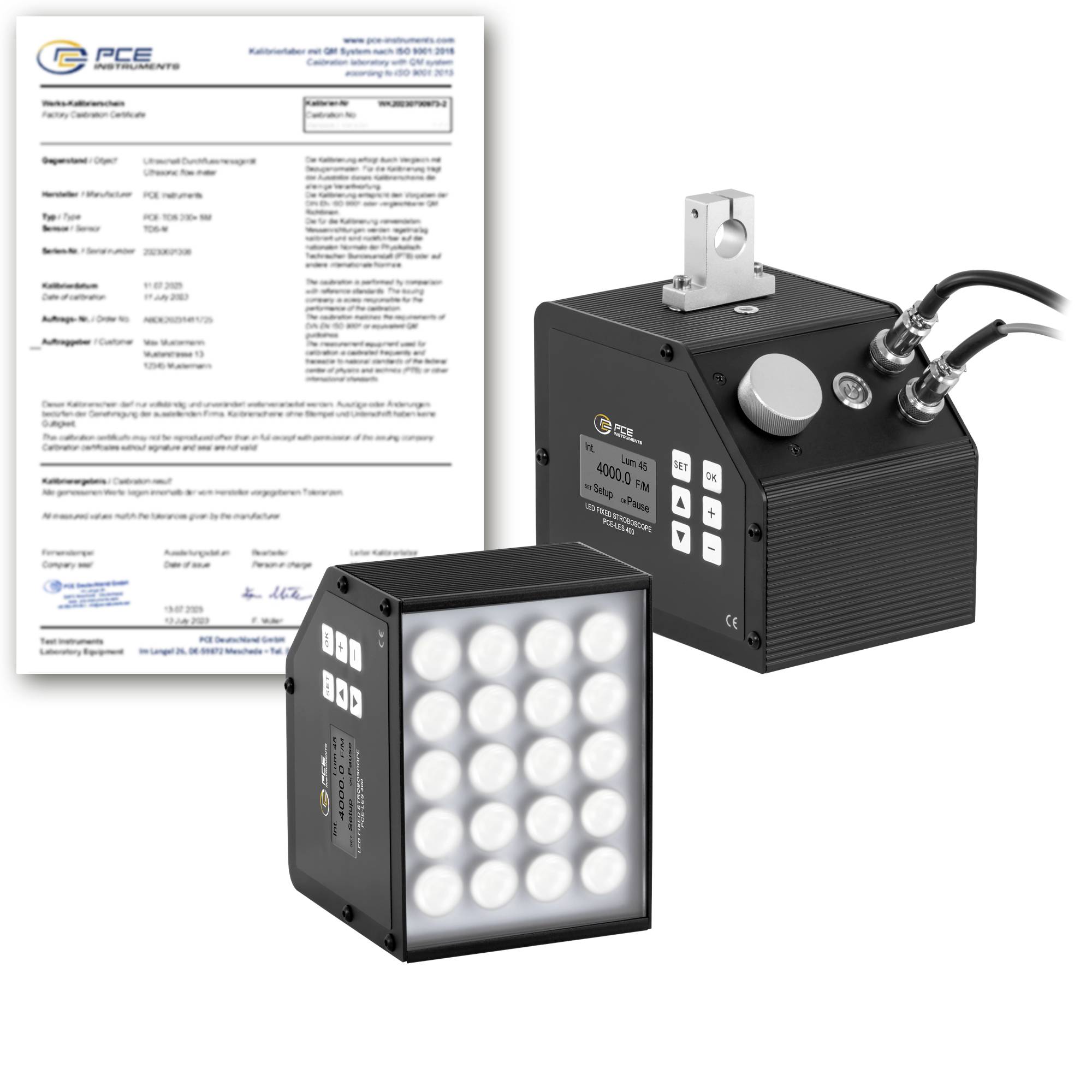 Produktfoto eines PCE-Lichts und Kalibrierungsaufbaus mit einem Zertifikatsdokument, einer Steuereinheit und einer quadratischen LED-Licht-Array.