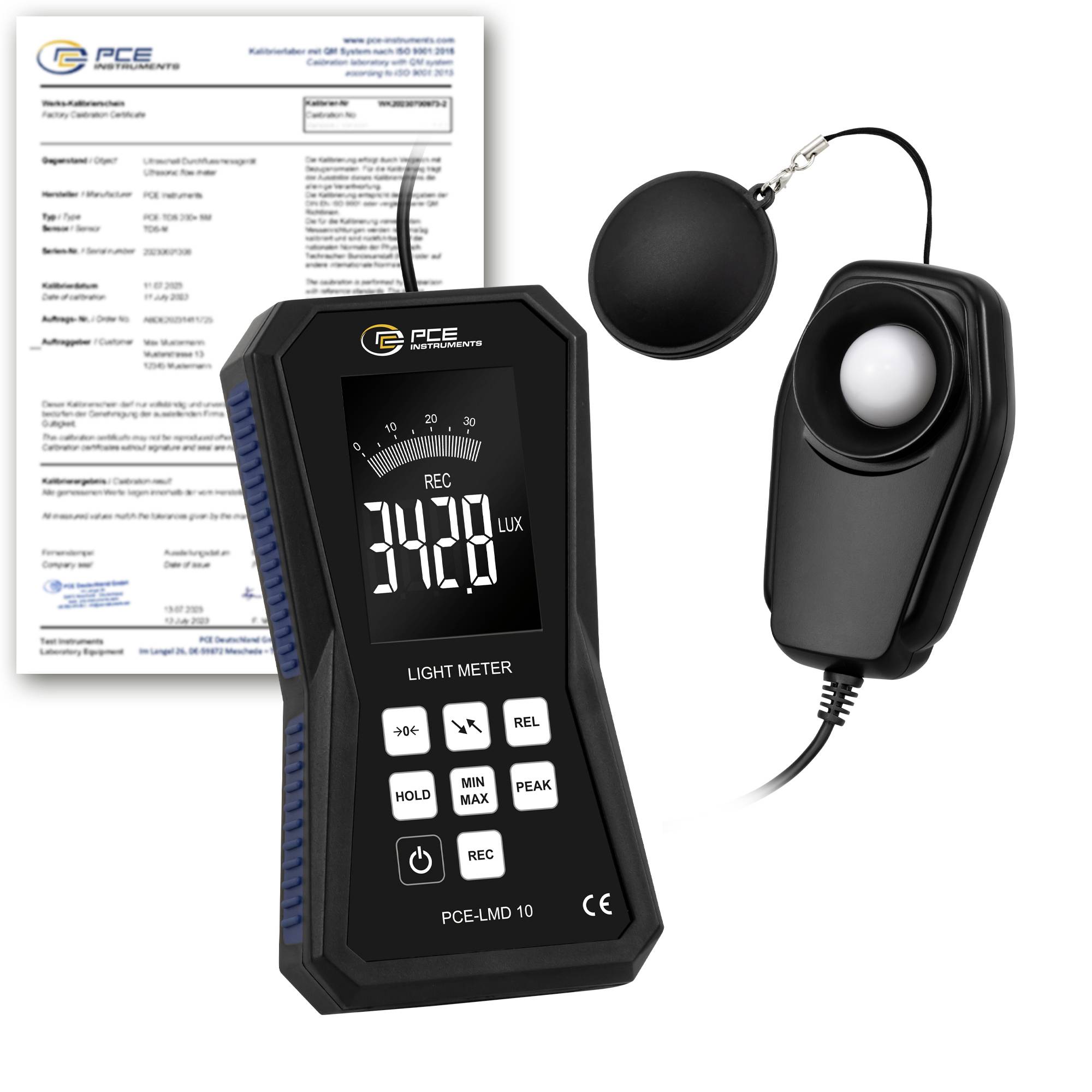 PCE-Luxmeter-Set mit Kalibrierzertifikat, tragbares digitales Lux-Messgerät und abnehmbarem Sensor zur Messung von Lichtstärken.