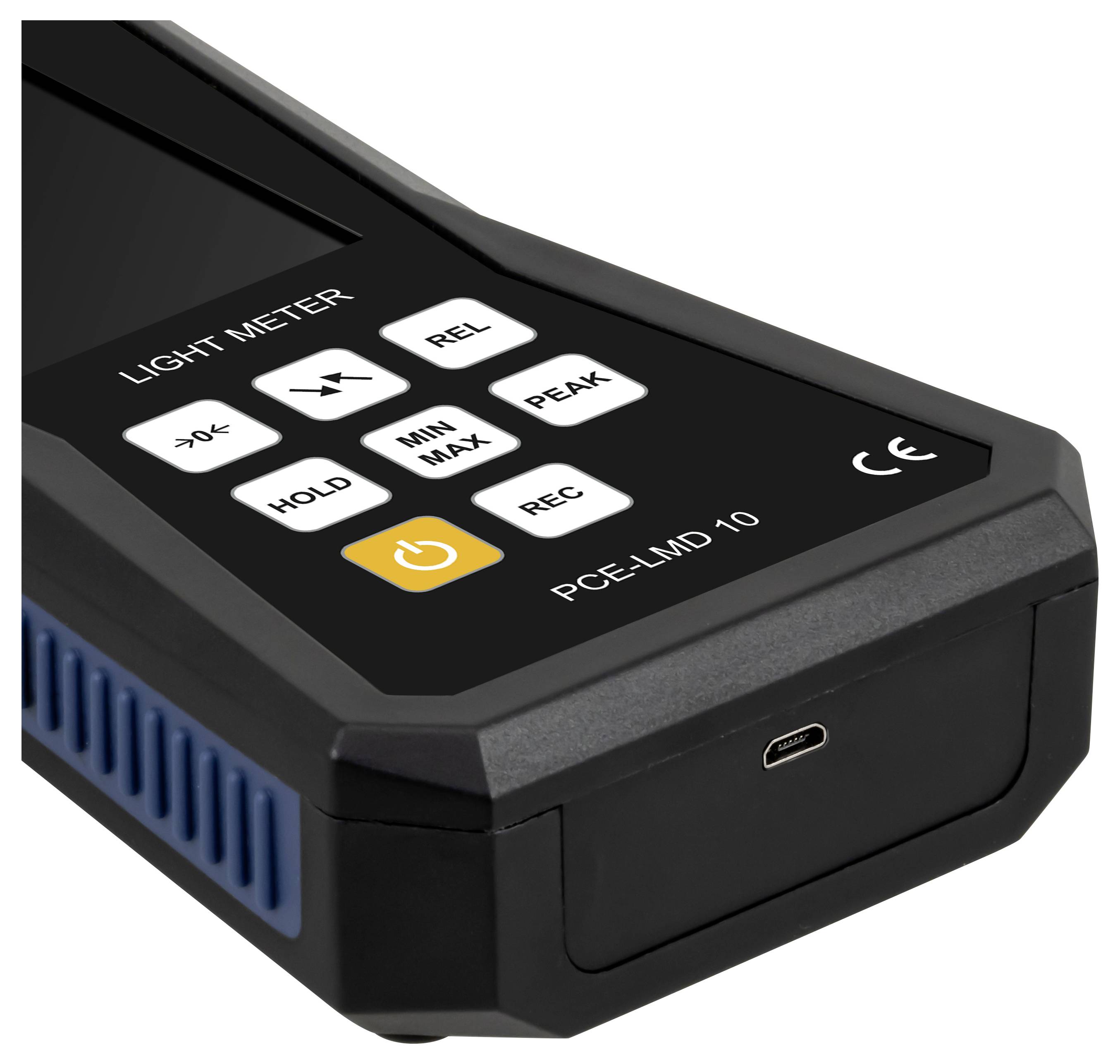 Nahaufnahme eines PCE-LMD 10 Luxmeters mit beschrifteten Tasten und USB-C-Anschluss, schräg auf weißem Hintergrund dargestellt.