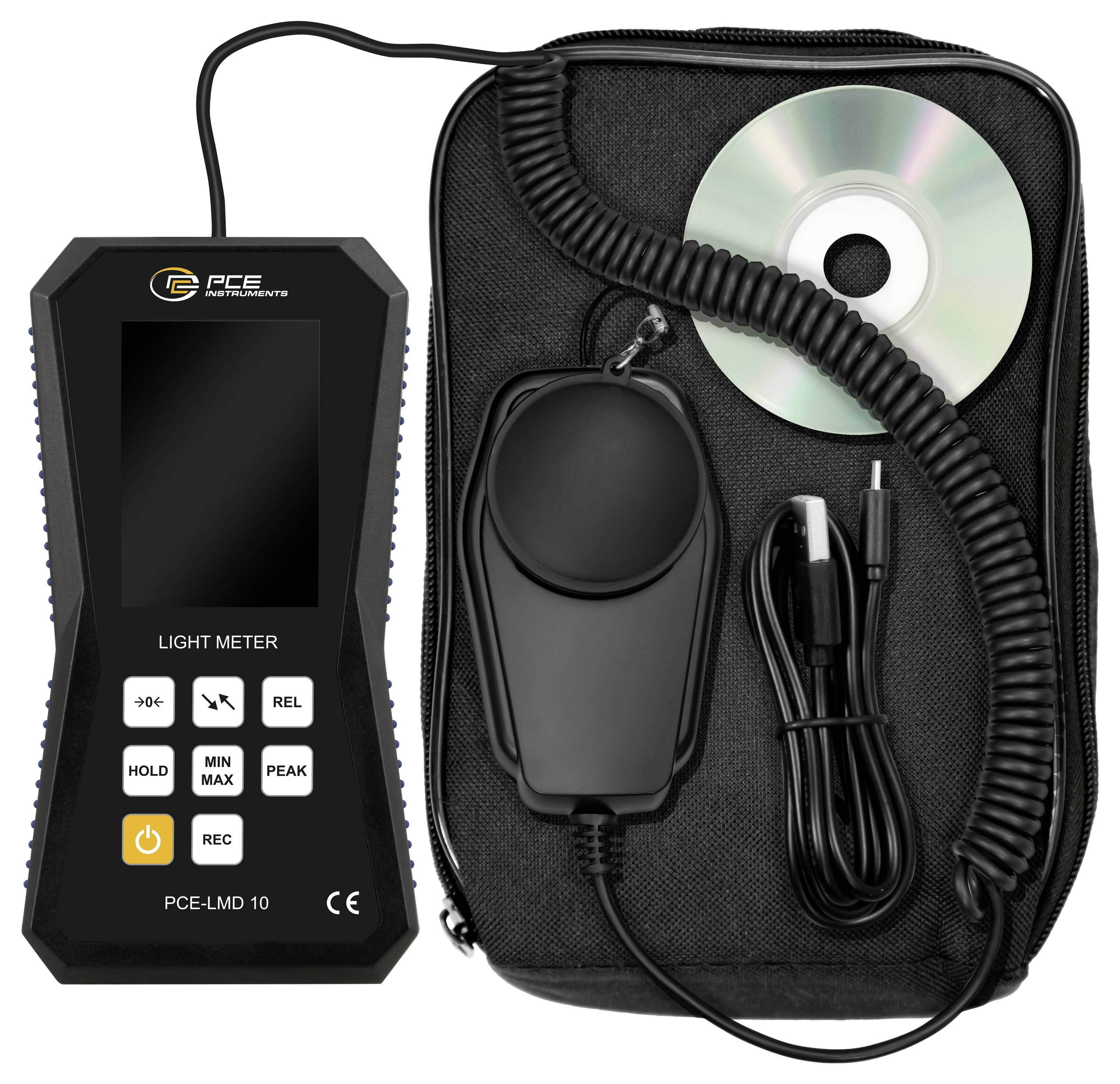 Tragbares PCE-Luxmeter-Set mit tragbarem Messgerät, Sensor, Kabel, CD und Transportkoffer.