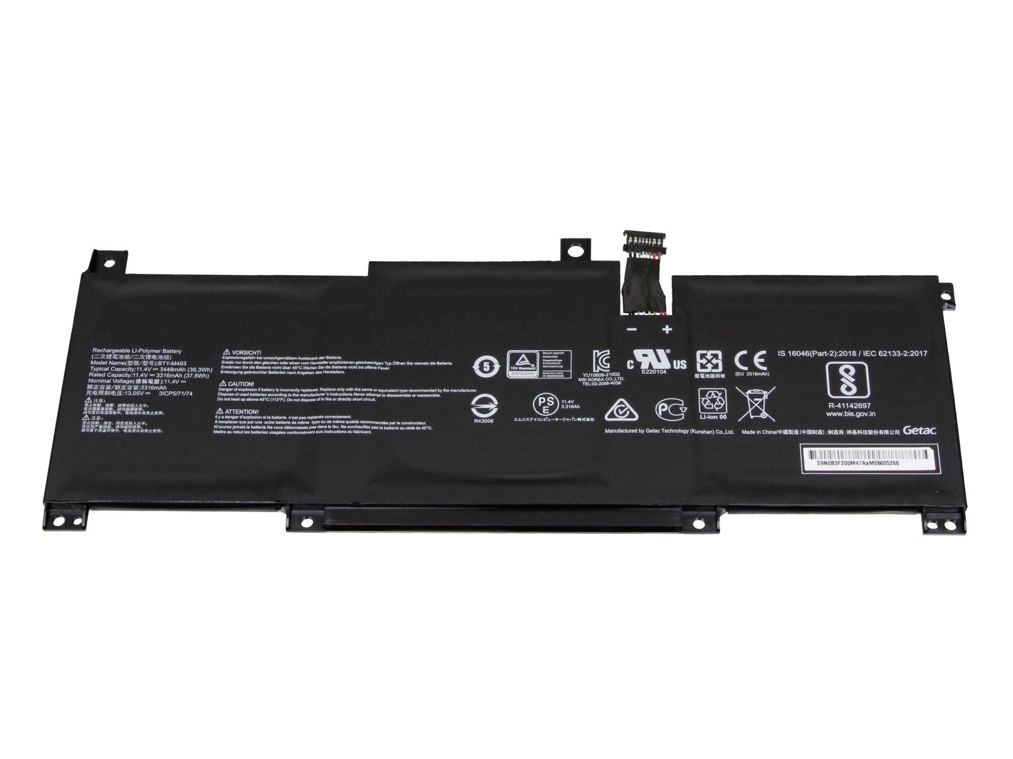 Schwarze rechteckige Laptop-Batteriepacks mit Anschluss und gedruckten Sicherheitsetiketten auf weißem Hintergrund.