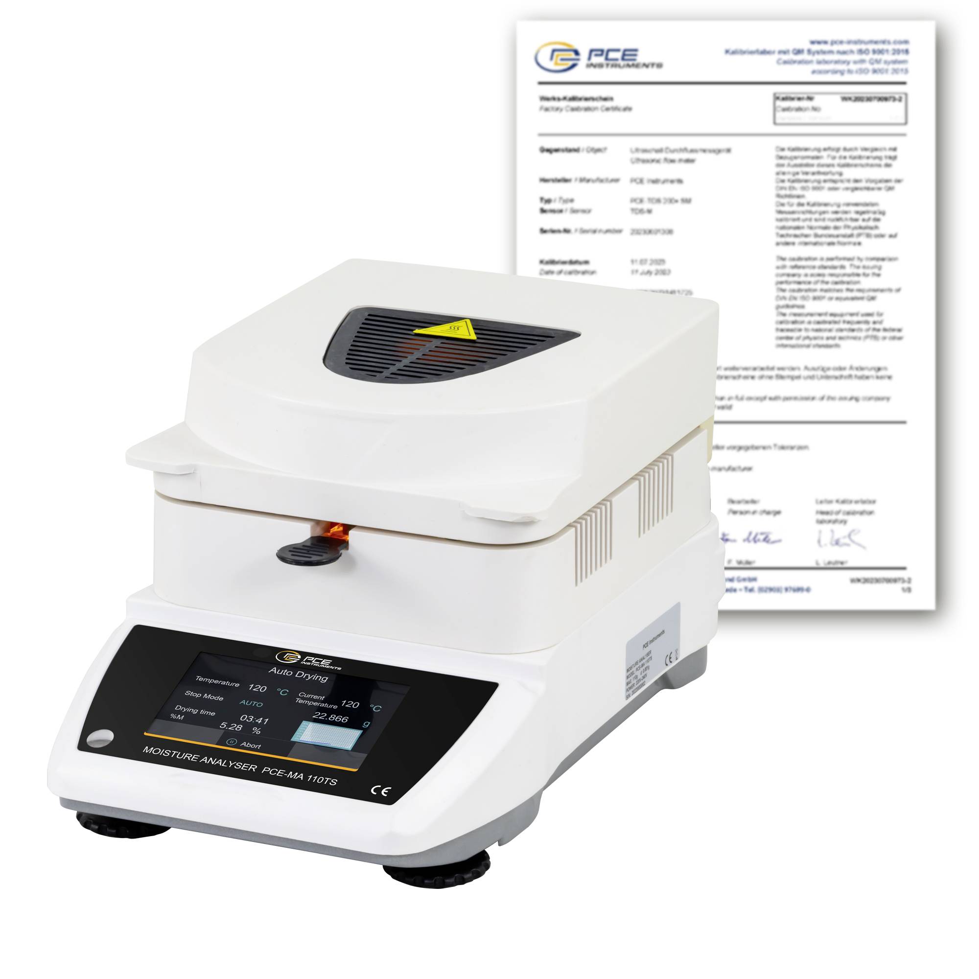 Benchtop-Feuchteanalysator mit Touchscreen-Display und beheizter Kammer, gezeigt mit einem Kalibrierungs- oder Konformitätszertifikat dahinter.