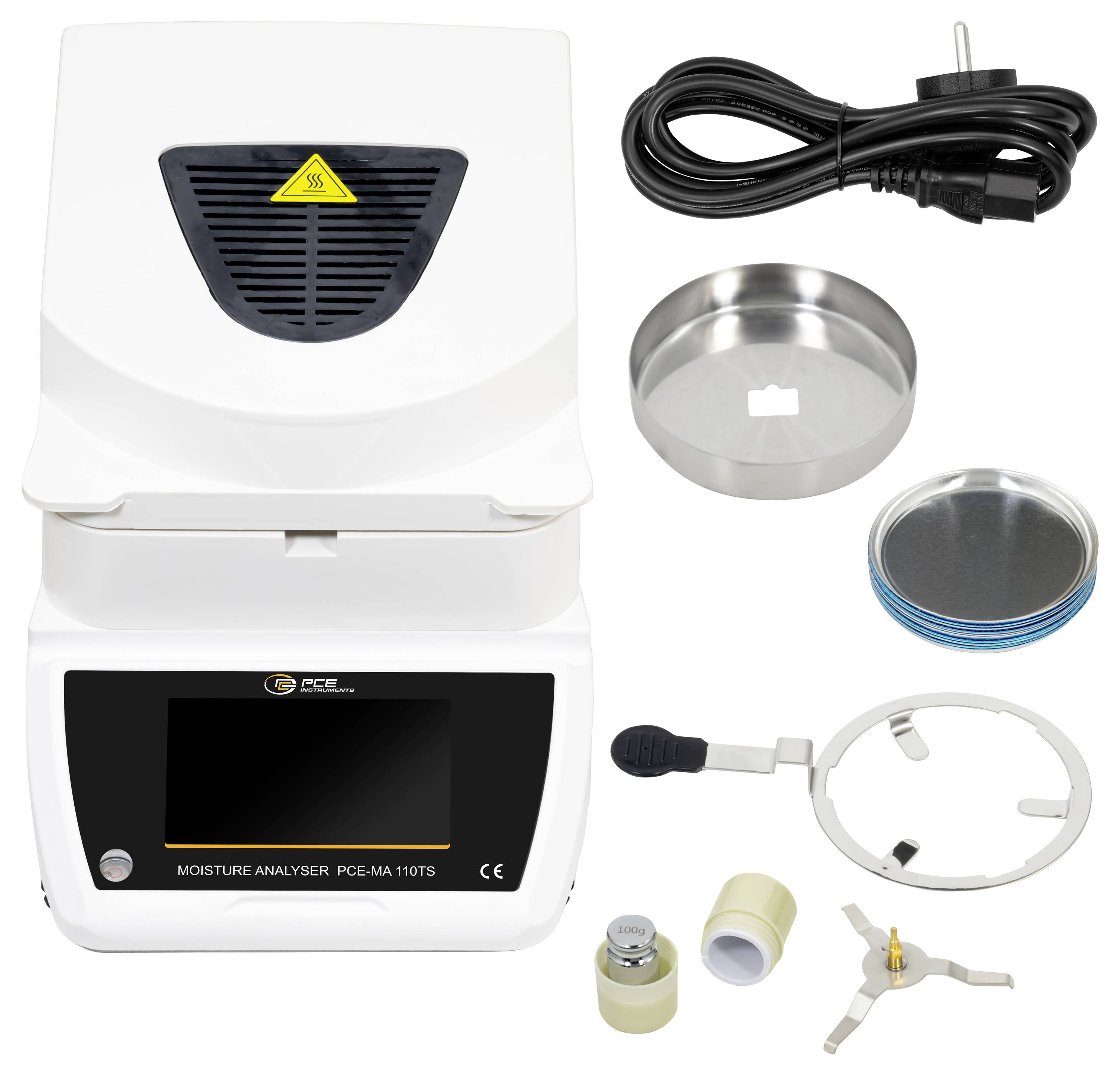 Feuchtemessgerät-Set mit digitalem Analysegerät, Stromkabel, Probenschalen, Adapterring und kleinen Zubehörteilen.