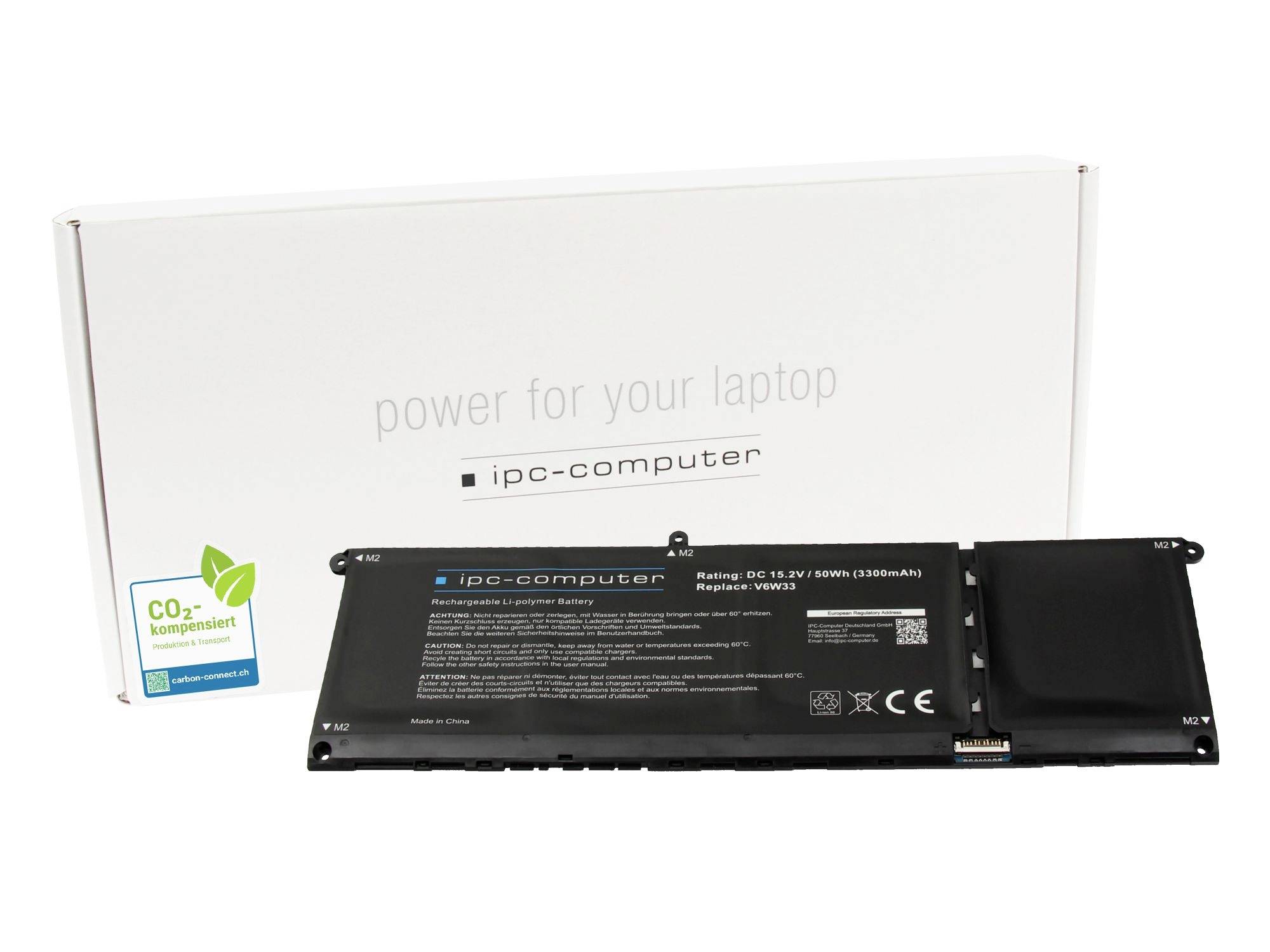 Laptop-Akku mit Verpackungsbox mit der Aufschrift 