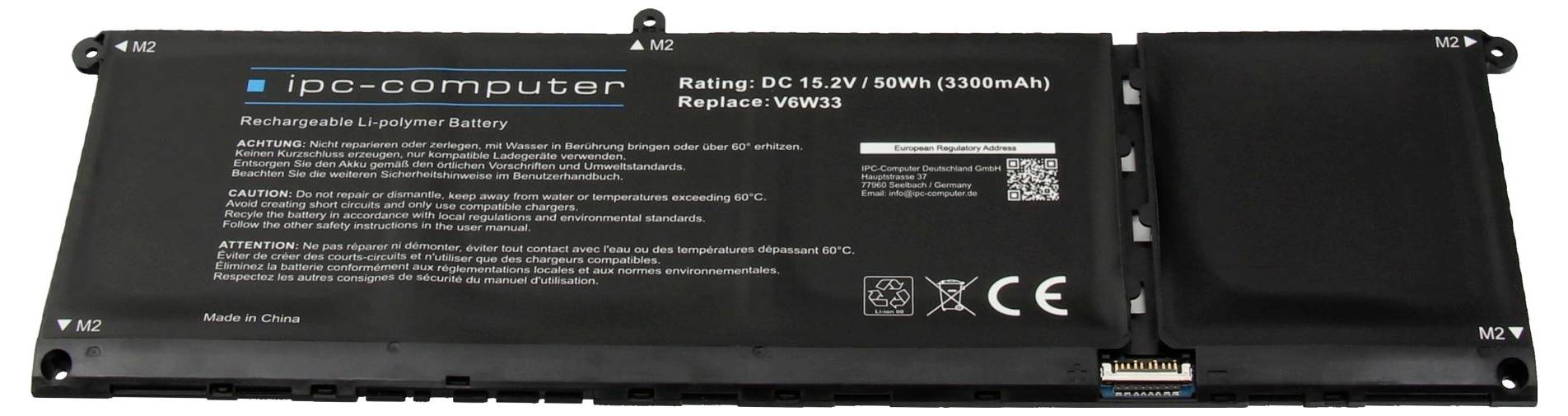 Rechteckiges iPC-Computer-Akku-Pack aus wiederaufladbarem Lithium-Polymer mit Etikett, Spezifikationen, Warntext und Anschlussport an einem Ende.