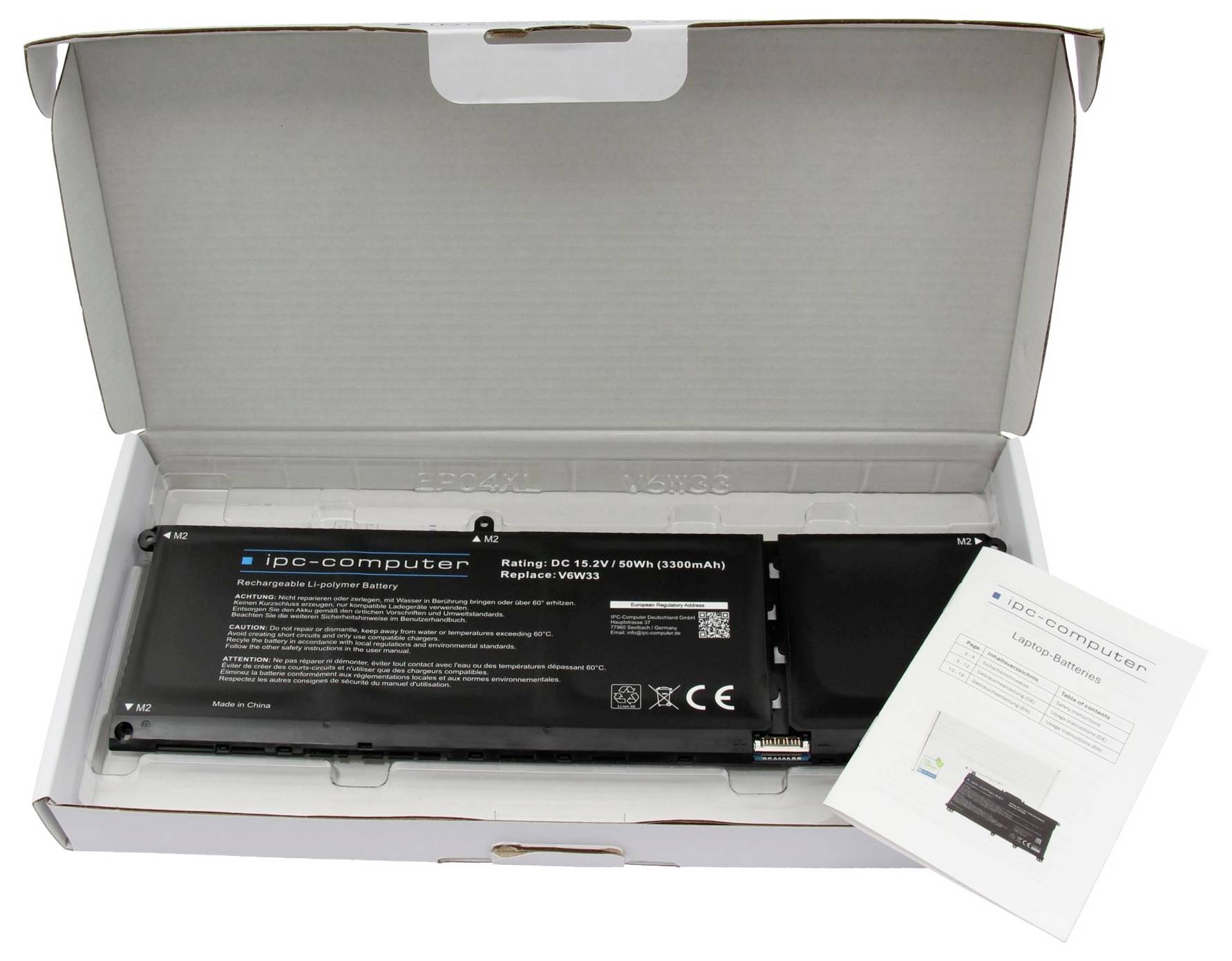 Offene Pappschachtel mit einem schwarzen IPC-Computer-Laptop-Akku und einem gefalteten Anleitungsblatt.
