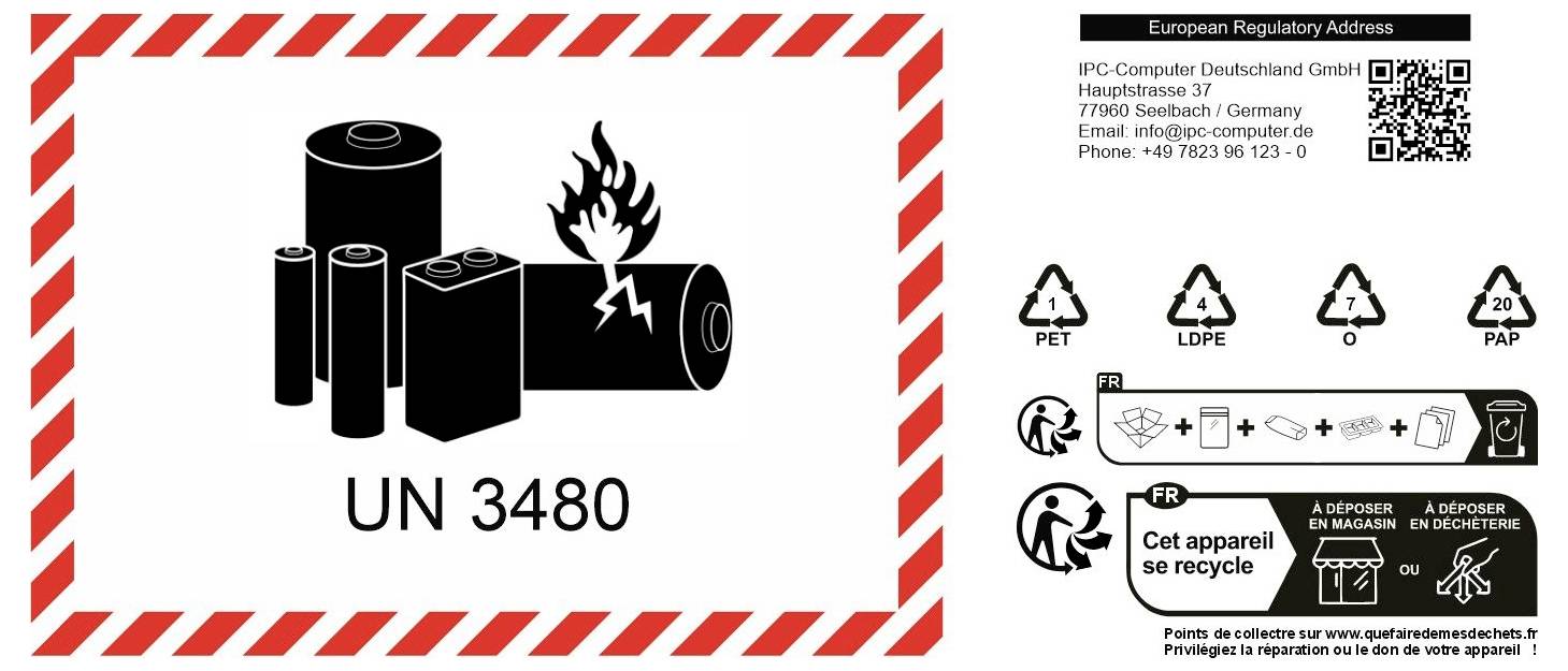 Lithium-Batterie-Gefahrenetikett gekennzeichnet mit 'UN 3480' mit rot gestreiftem Rand, plus Recycling- und Entsorgungsanweisungen für Verpackungen und Batterien.
