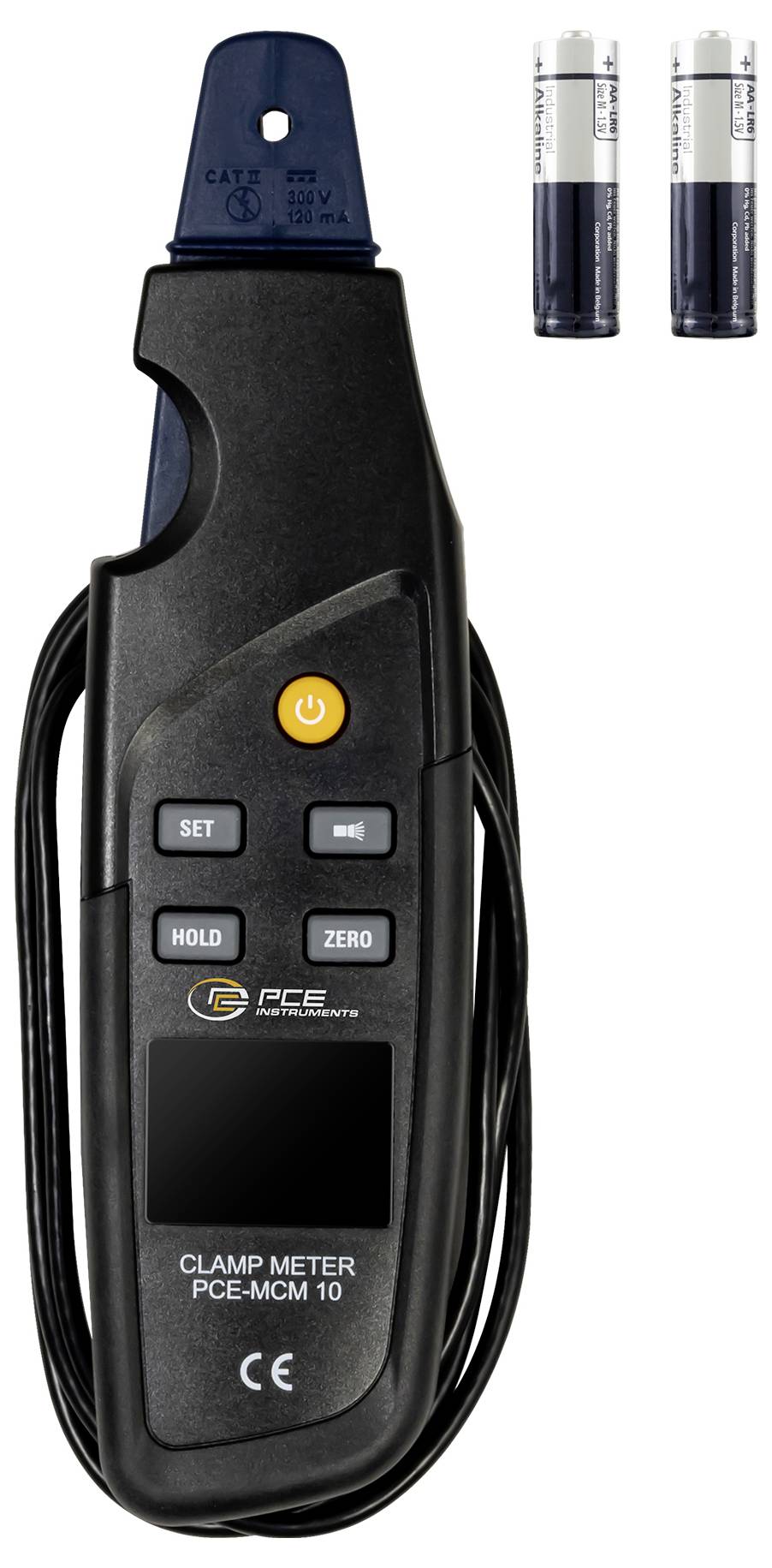 Stromzangenmessgerät mit LCD-Display und Tasten, mit der Bezeichnung „PCE-MCM 10