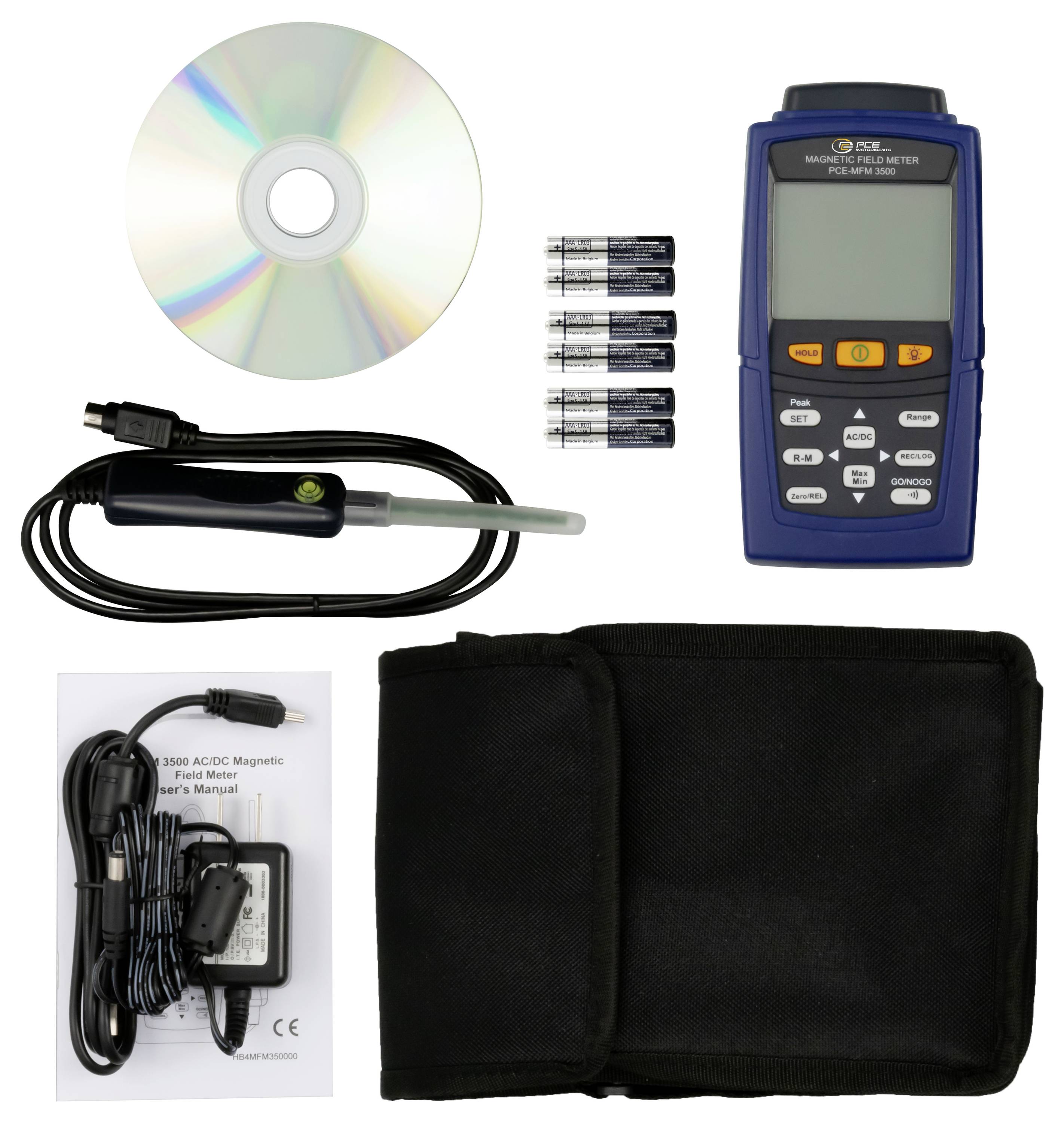 Tragbares Magnetfeldmessgerät-Set mit tragbarem Digitalmessgerät, Messsonde, fünf Batterien, CD, Kabel und Transportkoffer.