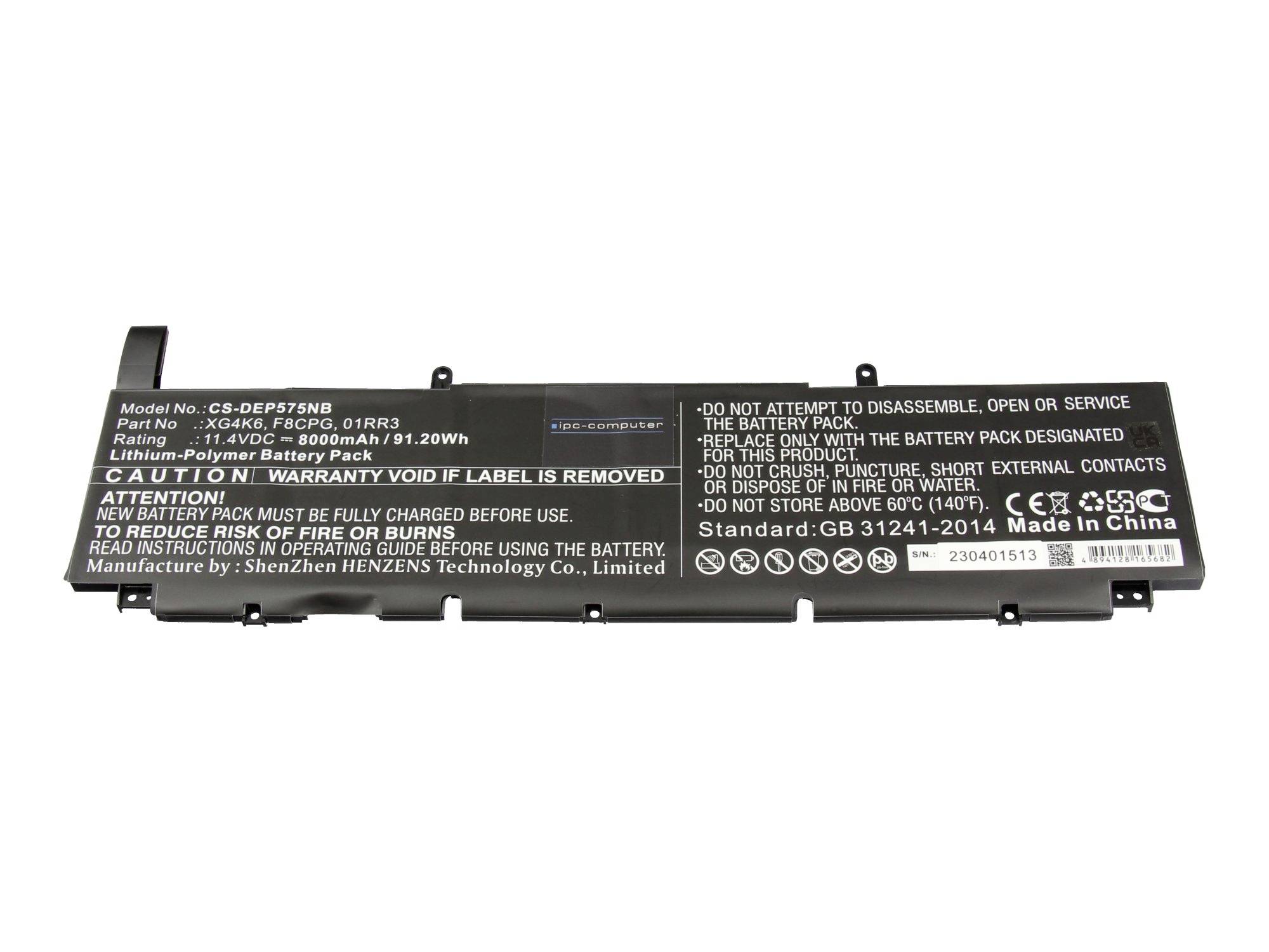 Schwarze Laptop-Batterie mit Warnaufkleber und technischen Daten in weißer Schrift auf einfachem Hintergrund.