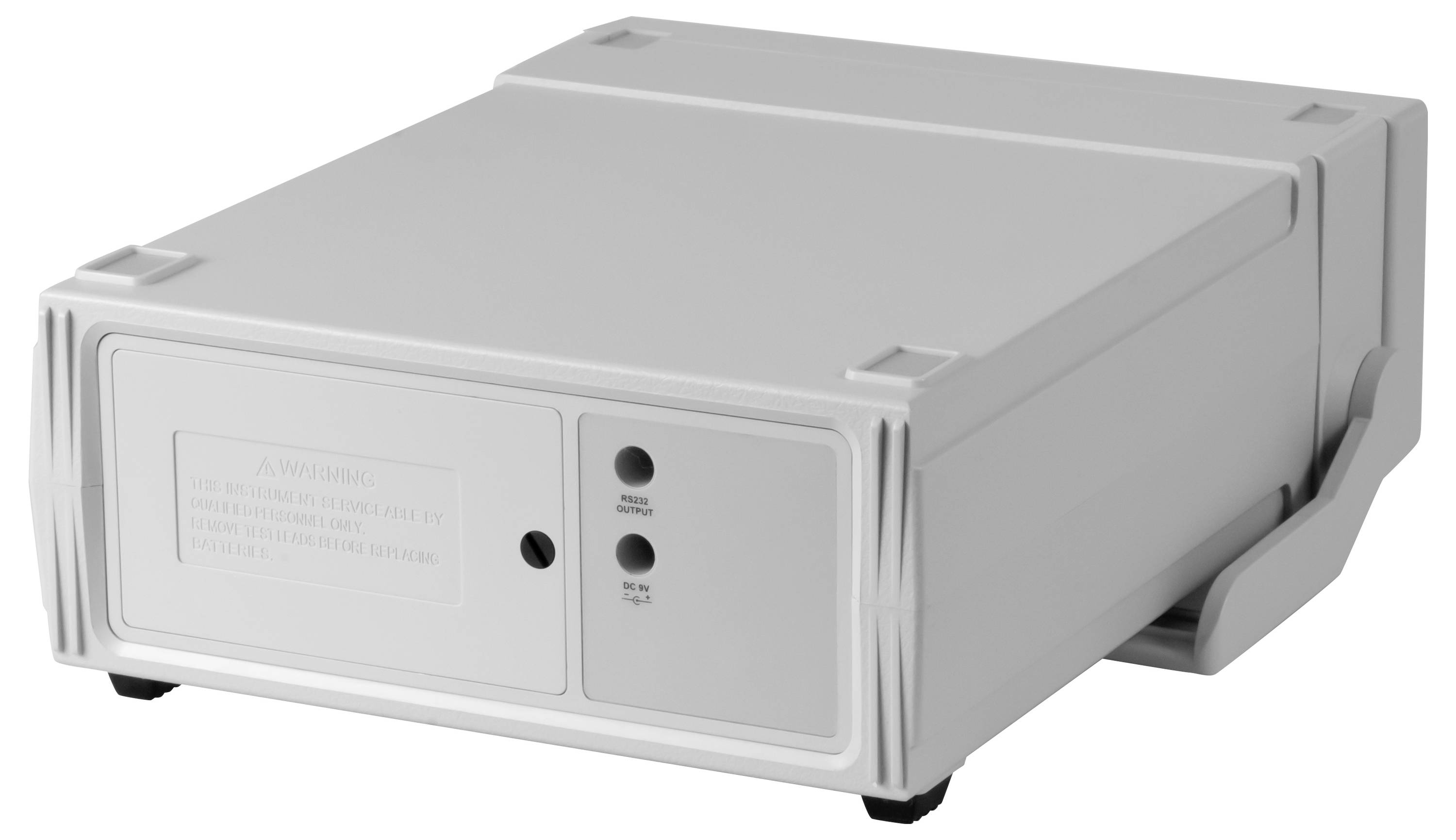 Graues externes Festplattengehäuse auf weißem Hintergrund, shown in three-quarter view mit Front-Panel-Anschlüssen und Anzeigelichtern.
