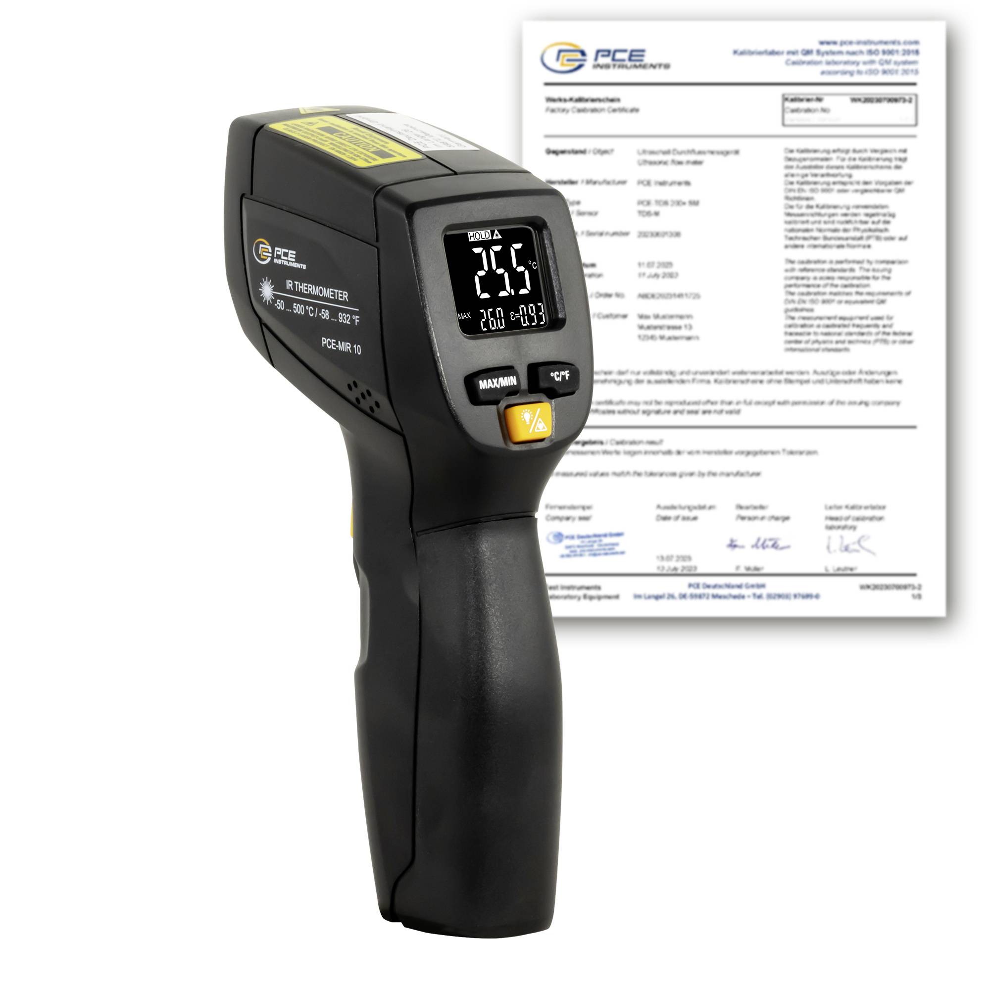 Schwarzes Infrarot-Thermometer zeigt 25,5°C an, mit einem dahinter angezeigten Kalibrierzertifikat.