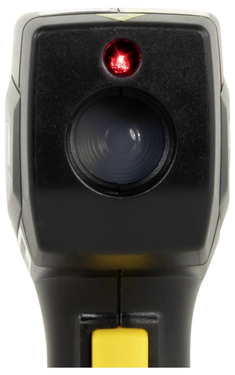 Tragbarer Barcodescanner mit einer roten Anzeigeleuchte über dem Objektiv und einem gelben Auslöseknopf unten.