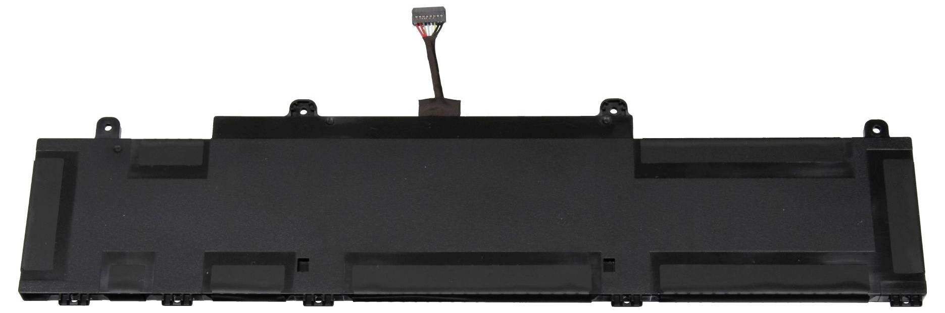Lange schwarze rechteckige elektronische Komponente mit Befestigungslaschen und zentralem Kabelstecker, shown auf weißem Hintergrund.