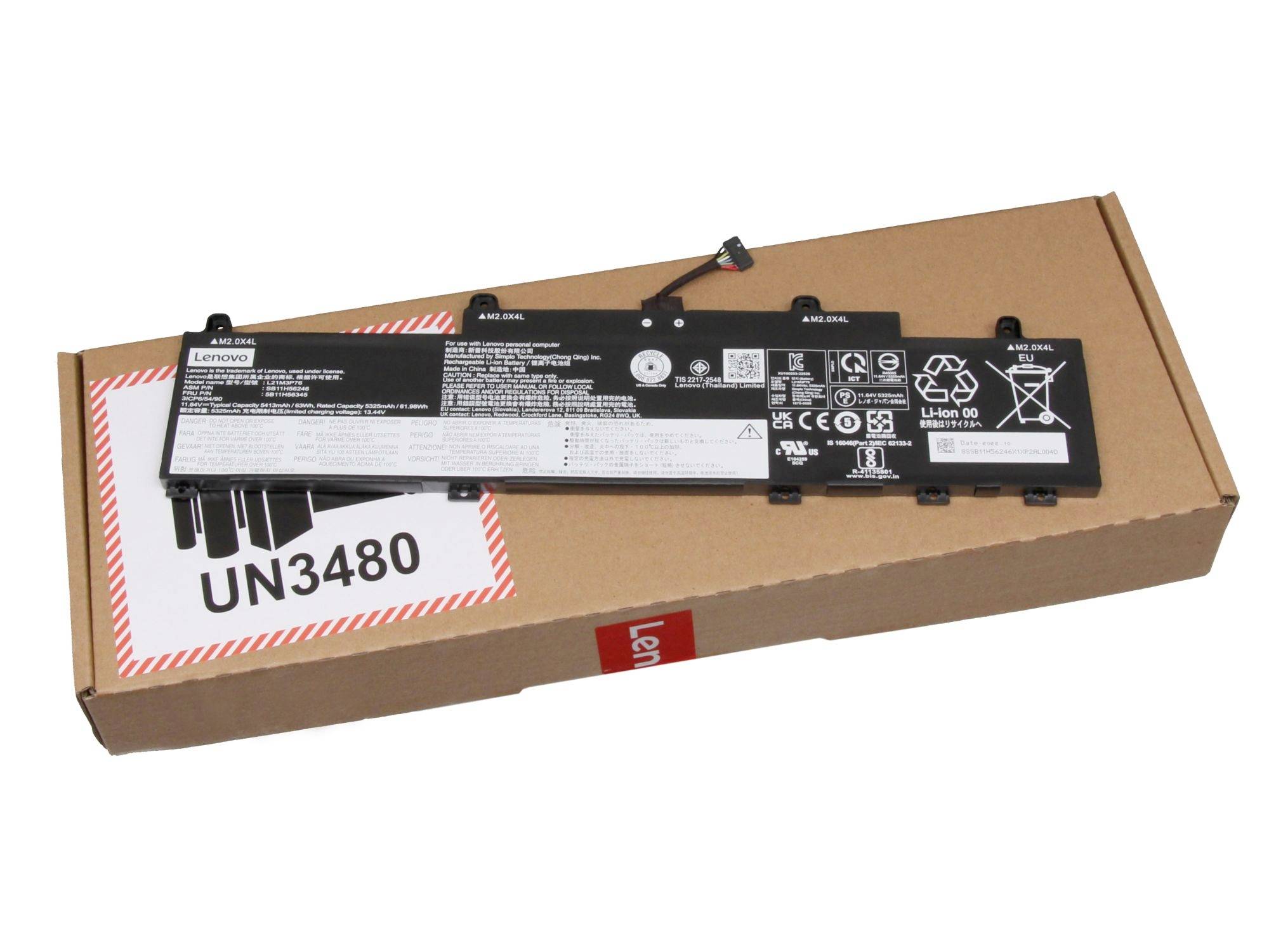 Eine Lenovo-Laptop-Batterie in einem Kartonversandkarton mit der Kennzeichnung UN3480 für Lithium-Ionen-Batterien.