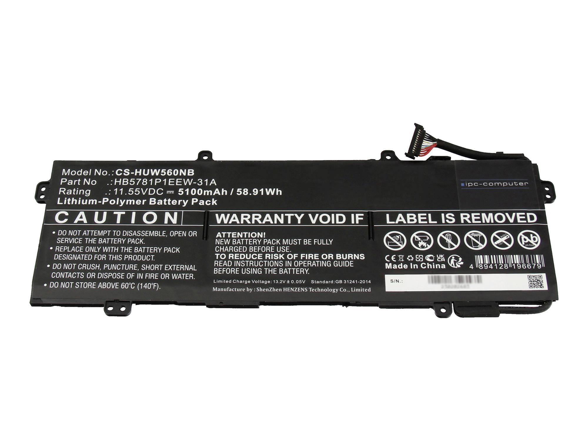 Laptop-Akkupack mit Warnschild und Modelldetails, das einen schwarzen rechteckigen Ersatzakku mit angeschlossenen Anschlussleitungen zeigt.