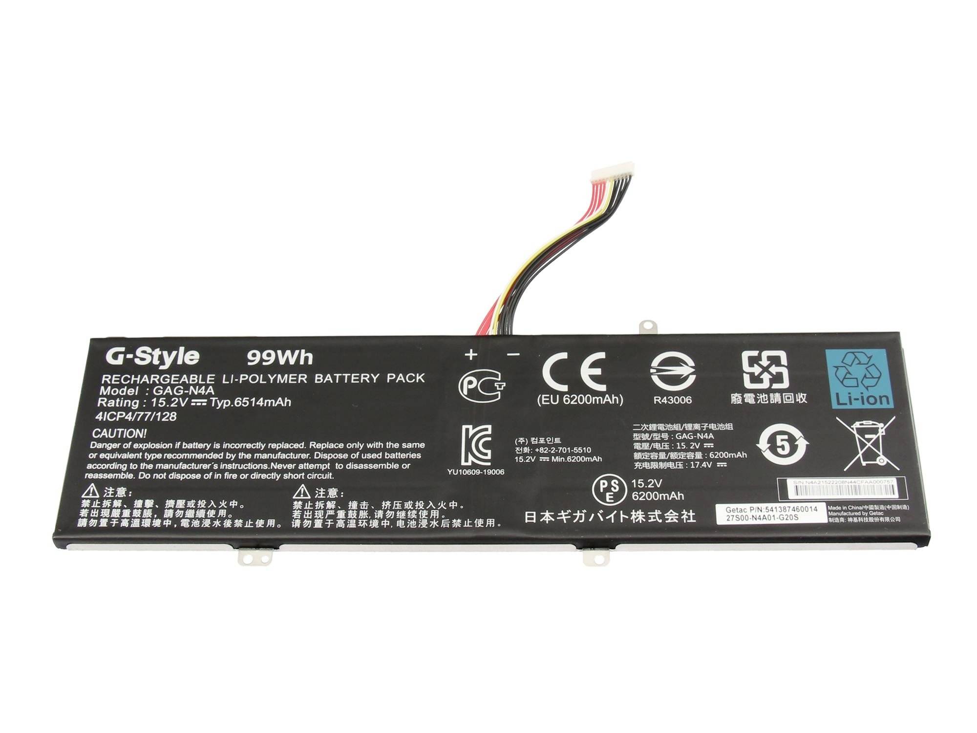 Schwarzes G-Style 99Wh wiederaufladbares Lithium-Polymer-Batteriepack mit angeschlossenem Steckerverbinder und gedruckten Sicherheitsetiketten.