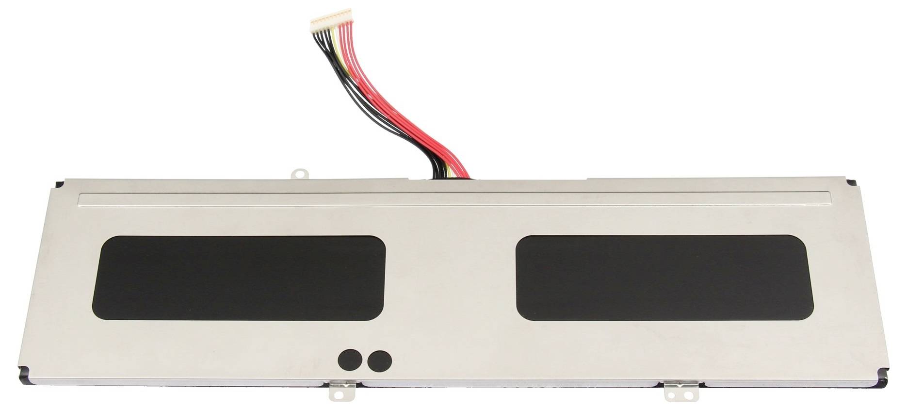 Silberne elektronische Komponente mit zwei schwarzen rechteckigen Sichtfenstern und einem rot-schwarzen Kabel, das sich von oben erstreckt.