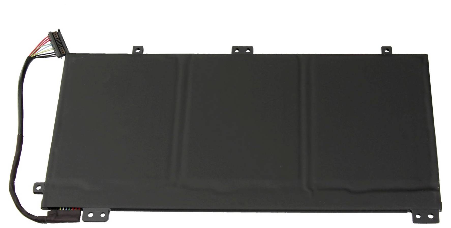 Schwarzes rechteckiges elektronisches Batteriepack mit angefügtem Kabel und Befestigungslaschen, dargestellt auf weißem Hintergrund.
