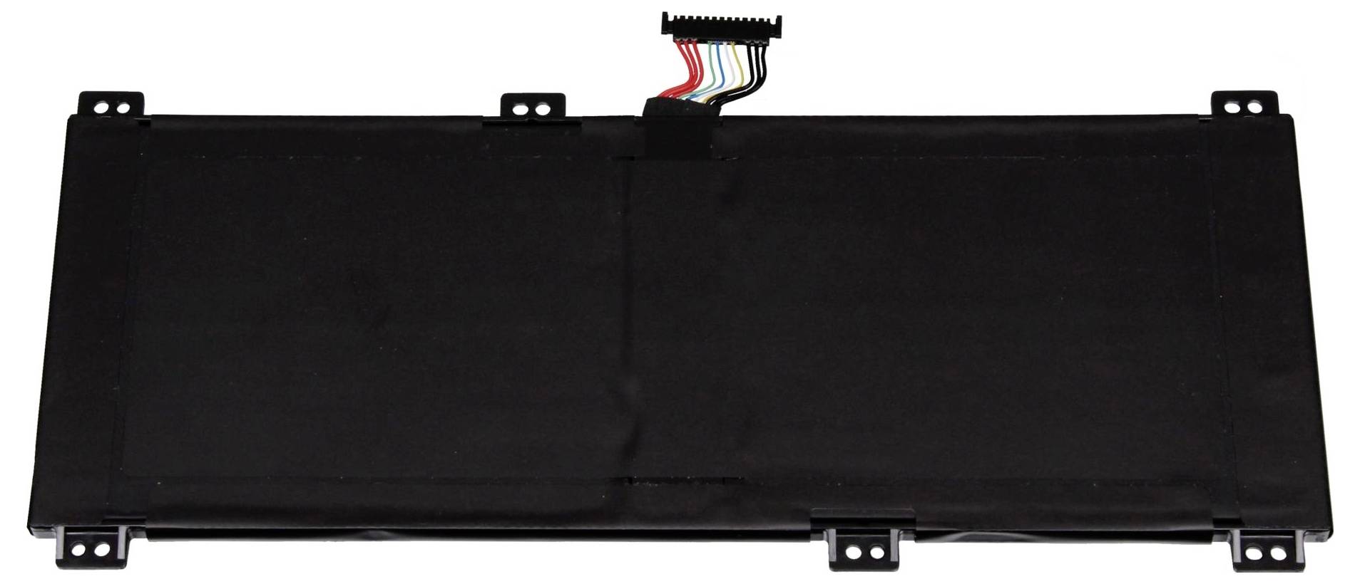 Schwarzes Ersatz-Laptop-Akku-Pack mit Stecker und Befestigungslaschen auf weißem Hintergrund gezeigt.