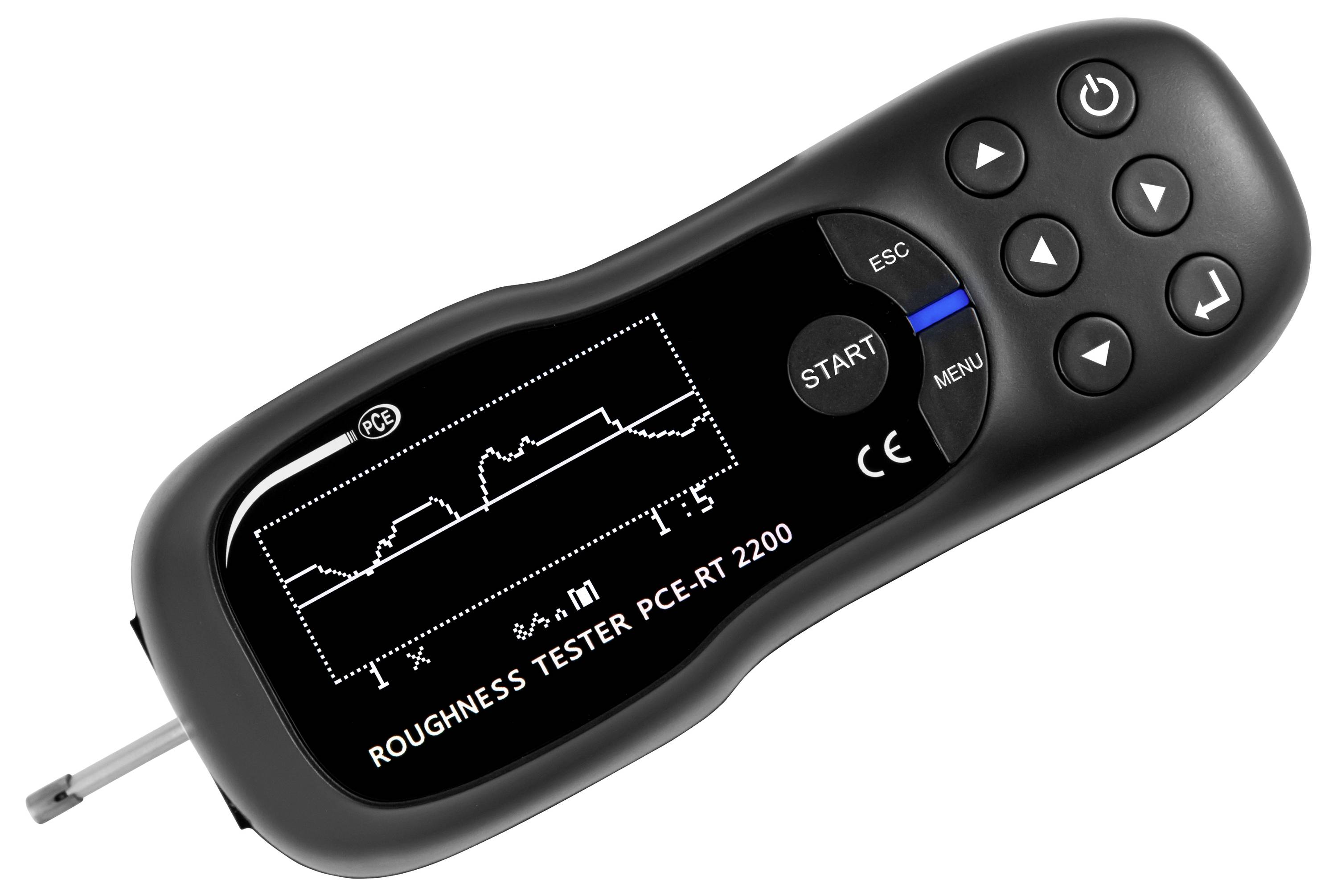 Tragbares digitales Oberflächenrauhheitsmessgerät mit der Bezeichnung „ROUGHNESS TESTER PC-ERT 2200" mit einem kleinen Bildschirm, der ein Oberflächenprofildiagramm und Steuertasten anzeigt.