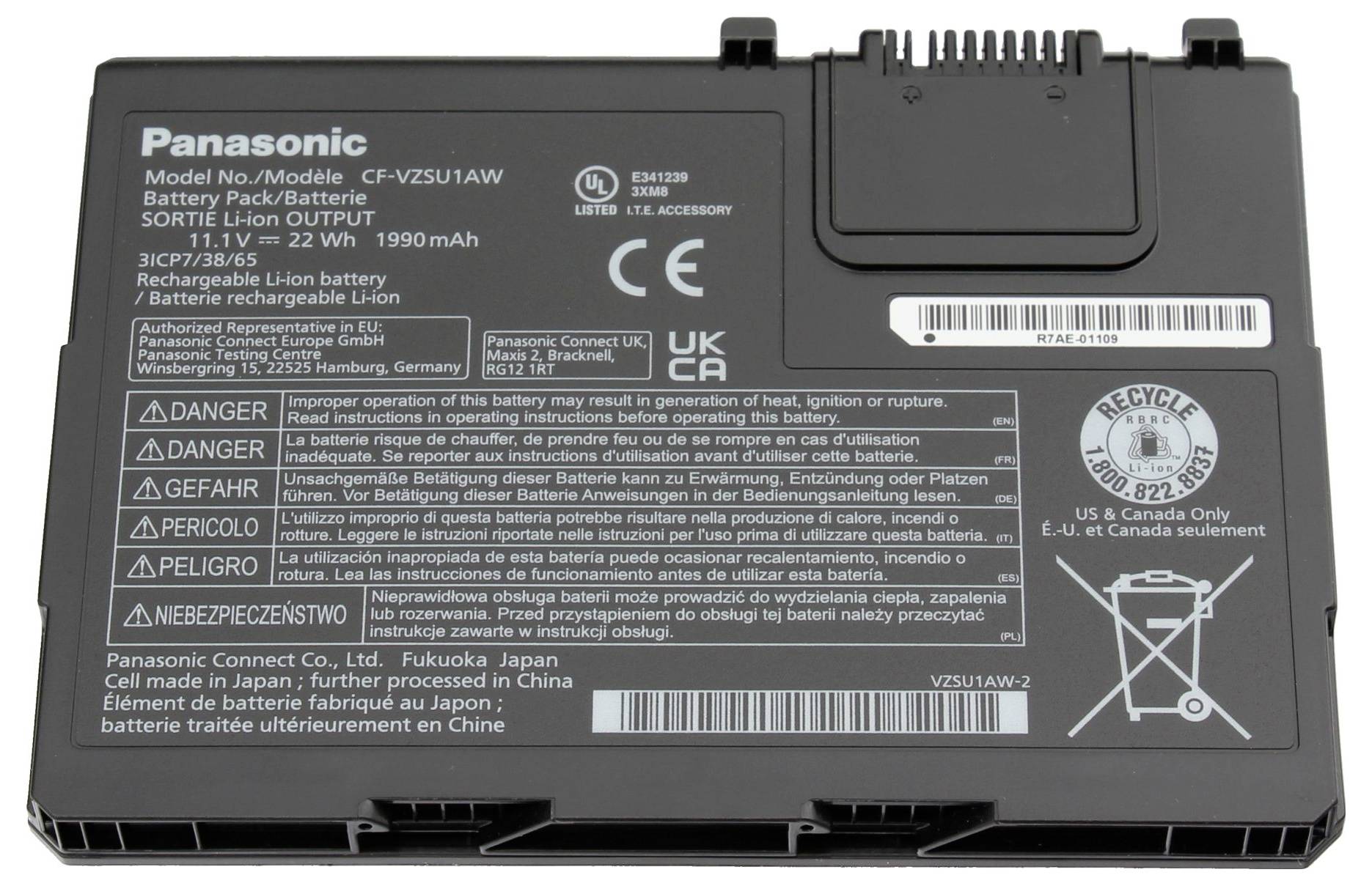 Rückseite eines wiederaufladbaren Lithium-Ionen-Akkupacks von Panasonic mit der Bezeichnung „CF-VZSU1AW