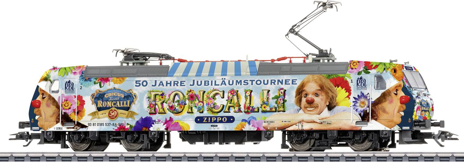 Geschmückte elektrische Lokomotive mit farbenfroher „50 Jahre Jubiläumstournee RONCALLI
