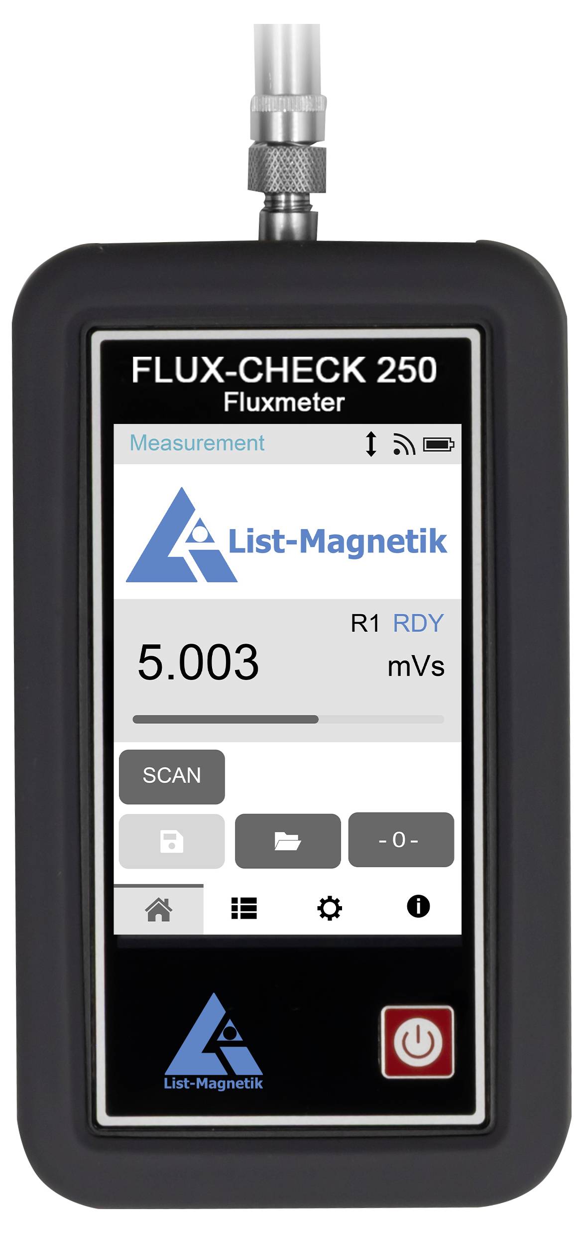 Handheld Flux-Check 250 Fluxmeter zeigt einen Messerbildschirm mit 5,003 mVs und Scan-/Stromschaltern