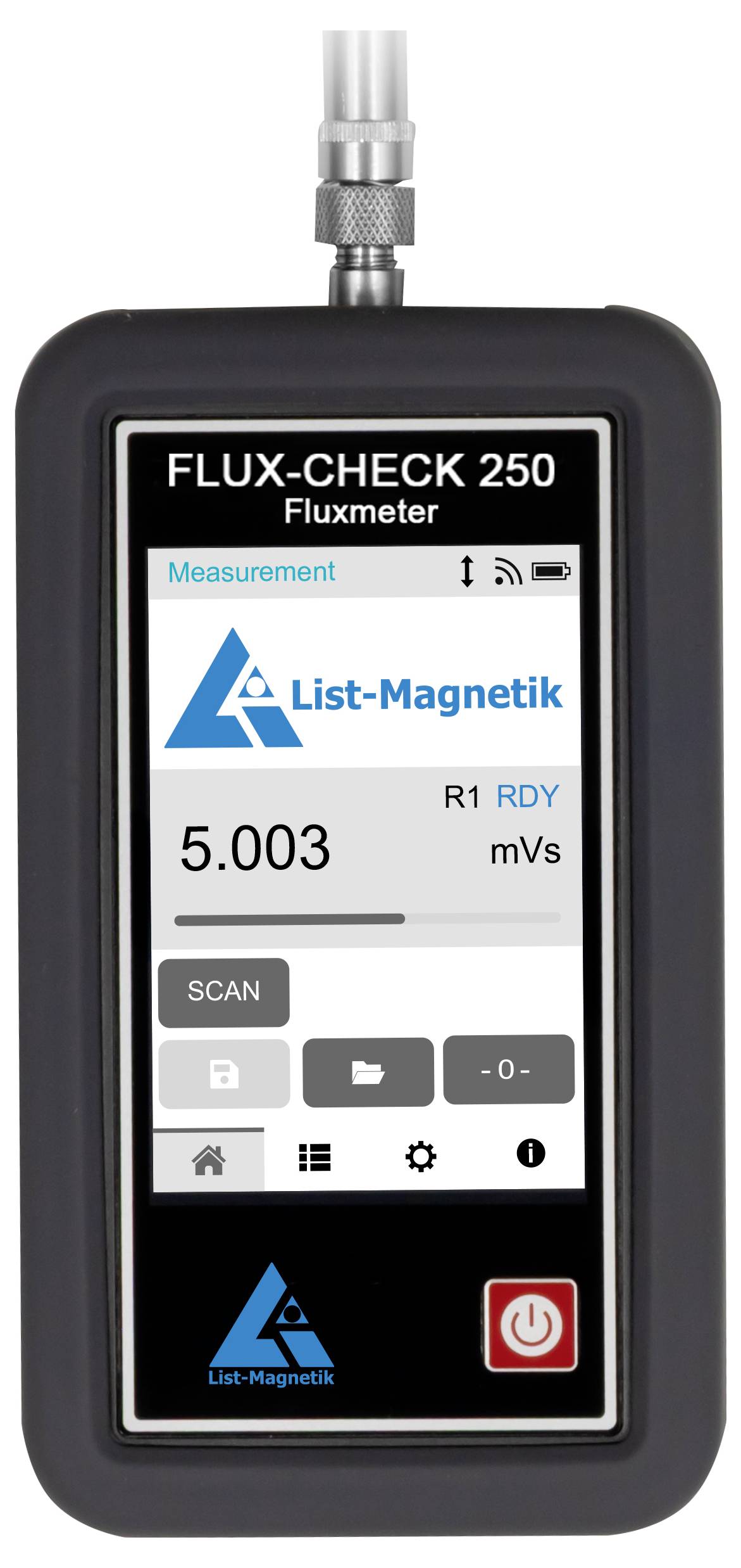 Tragbares List-Magnetik FLUX-CHECK 250 Fluxmeter zeigt eine Messung von 5.003 mVs auf seinem Display an.