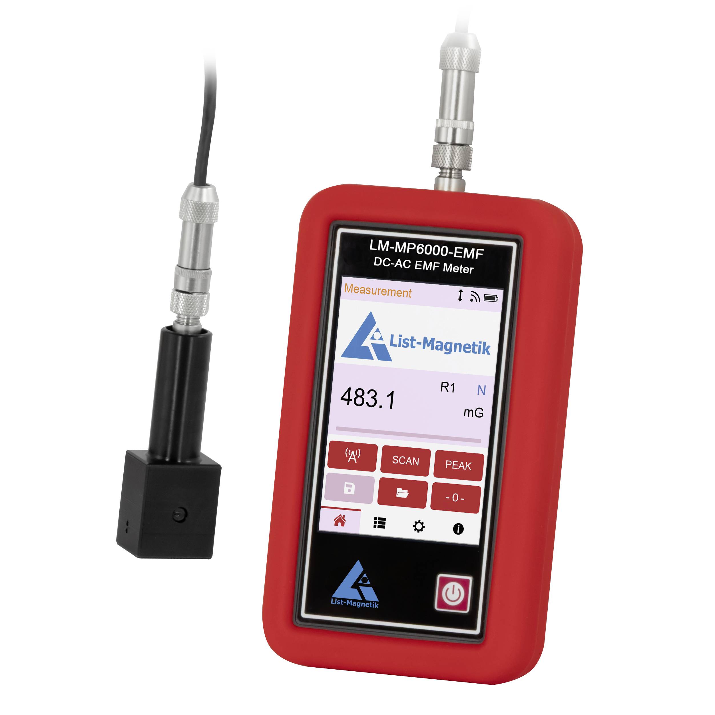 Tragbares List-Magnetik LM-MP6000-EMF DC-AC EMF-Messgerät mit Sonde, das auf seinem Display eine Messung von 483,1 mG anzeigt.