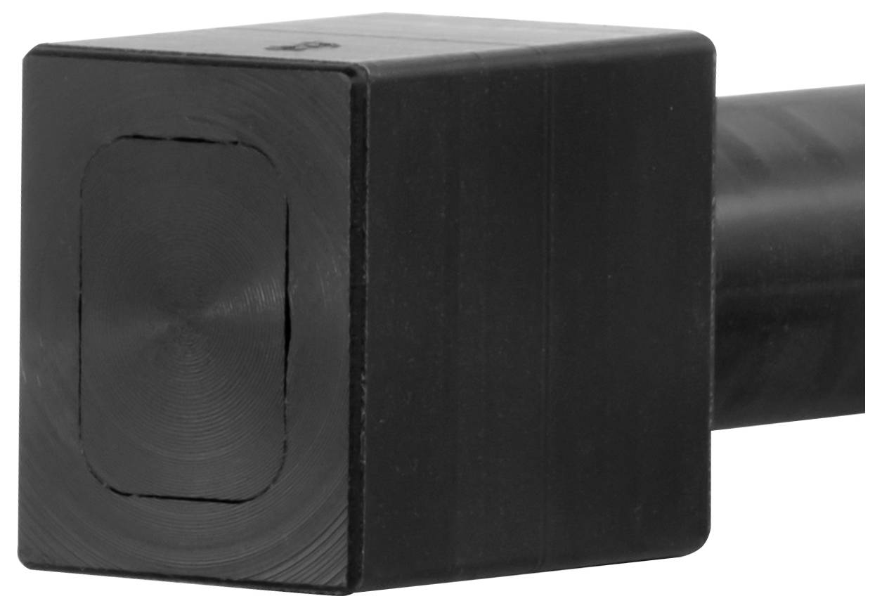 Schwarze rechteckige Gummischutzkappen oder Stoßfänger, die das Ende eines zylindrischen Metallrohrs abdecken.