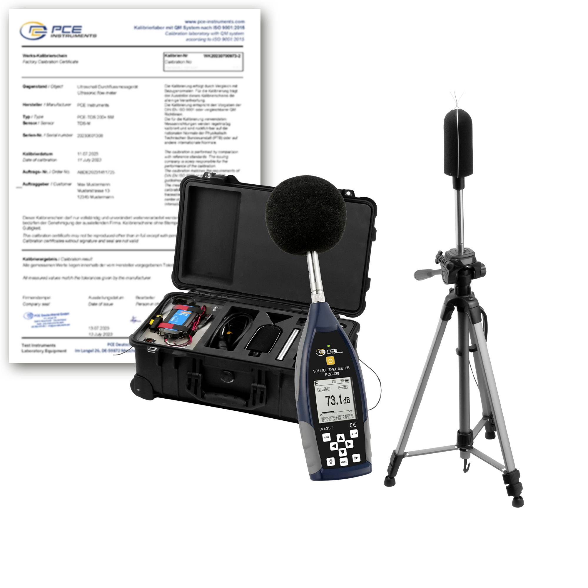 Schallpegelmessgerät-Set mit Kalibrierzertifikat, Tragetasche, Stativ, Mikrofon-Windschutz und tragbarem Messergerät mit Display, das 73,18 dB anzeigt.