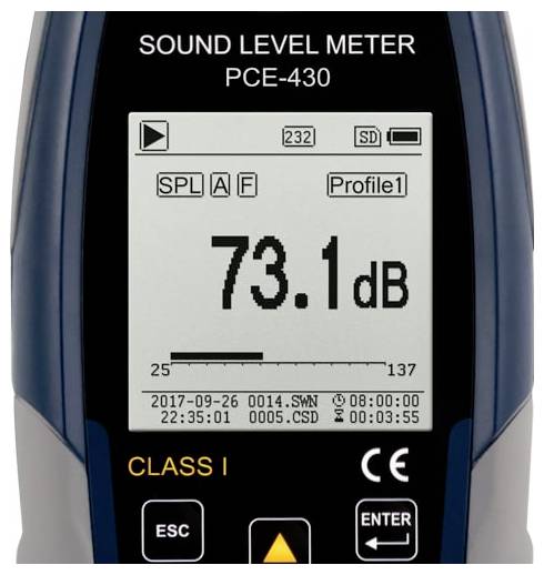 Tragbares Schallpegelmessgerät mit Anzeige von 73,1 dB auf dem Bildschirm, SPL A/F-Modus und Profil1 ausgewählt.