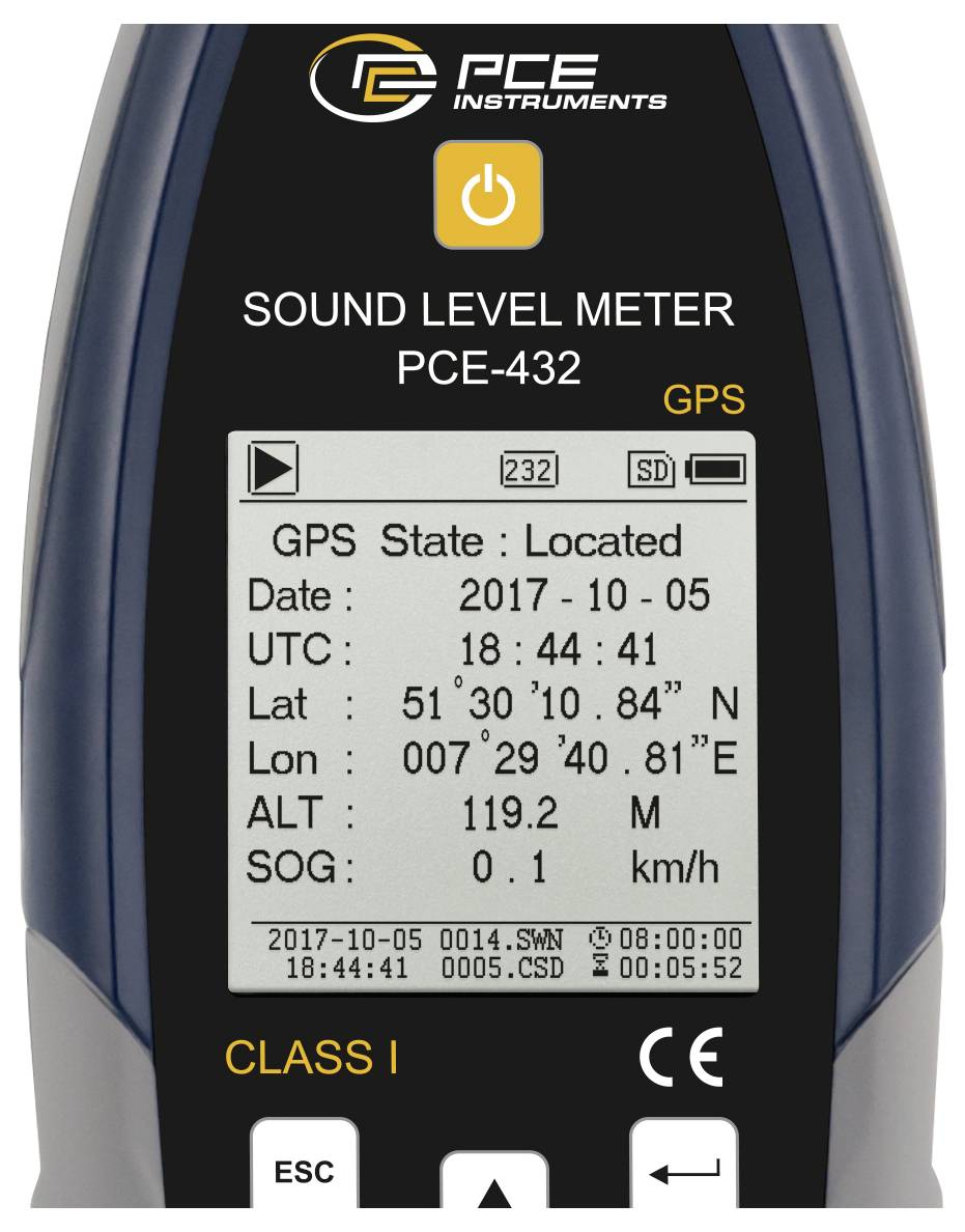 Tragbares PCE-Messinstrument Schallpegelmesser PCE-432 mit GPS, zeigt einen Bildschirm mit Standortdaten einschließlich Datum, Uhrzeit, Breitengrad, Längengrad, Höhe und Geschwindigkeit.