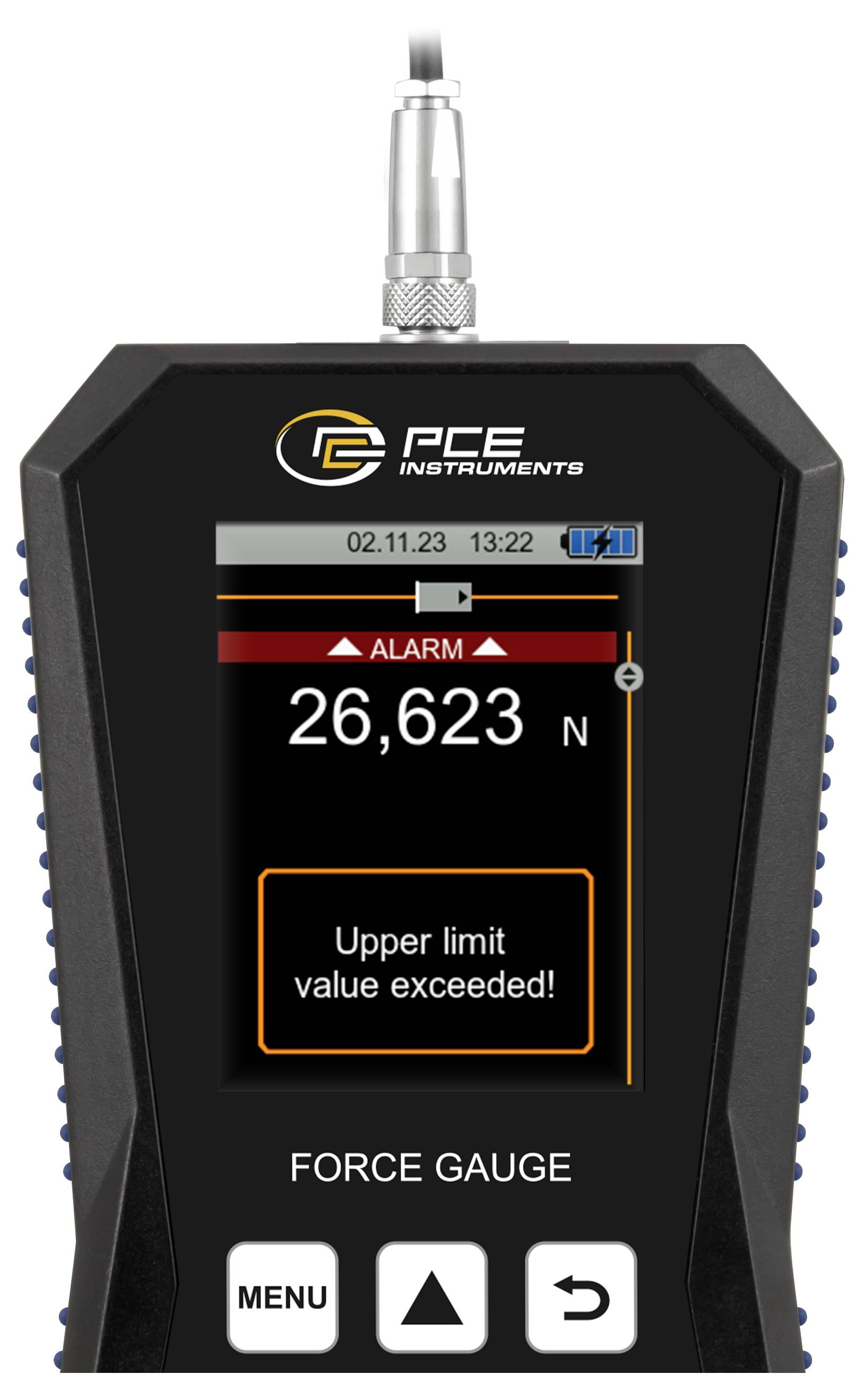 Tragbares PCE-Messinstrument Kraftmessgerät-Display mit Alarm und der Meldung „Oberer Grenzwert überschritten!