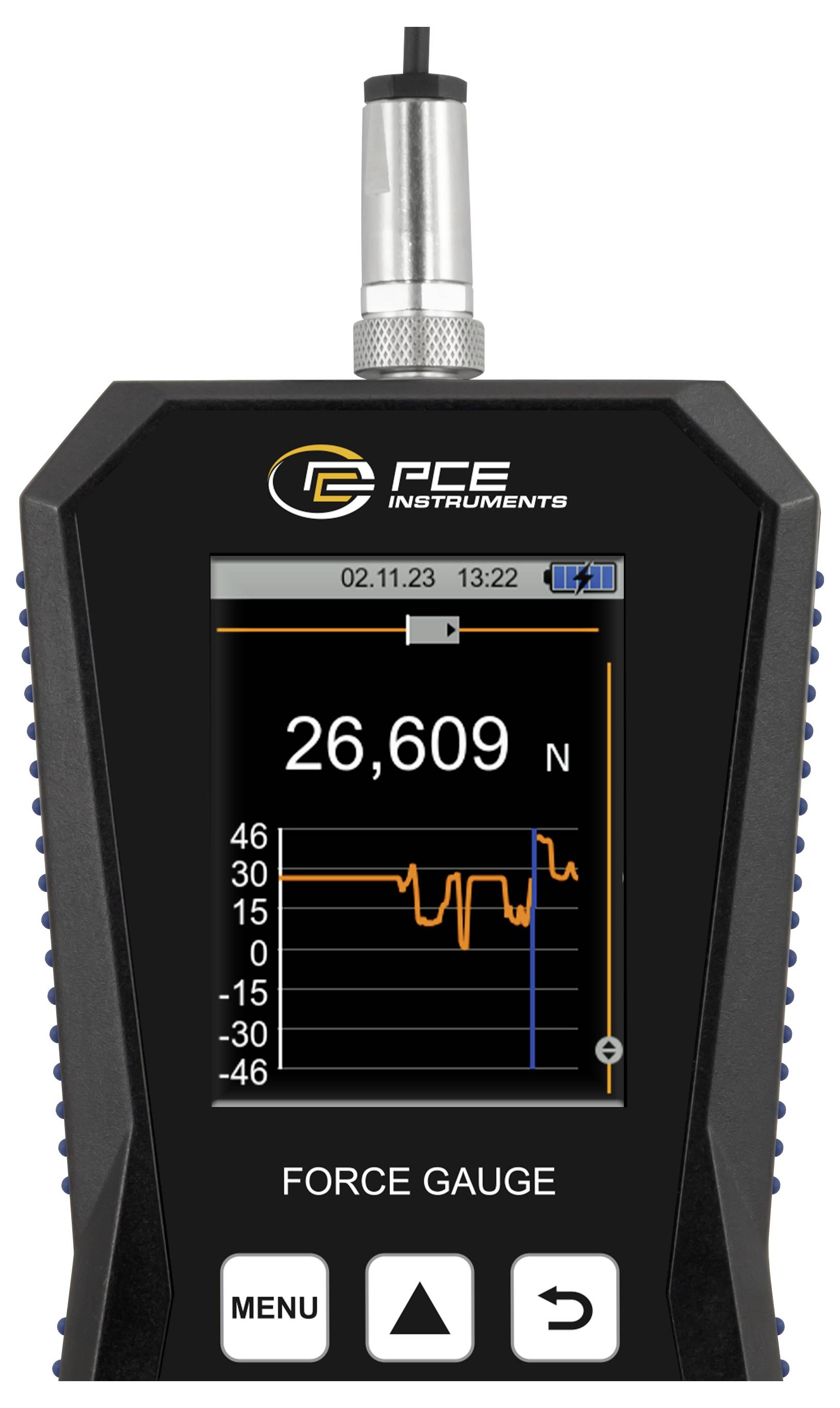 PCE Instruments Kraftmessgerät zeigt eine Live-Kraftanzeige von 26.609 N mit einem Diagramm und Menütasten auf dem Bildschirm.