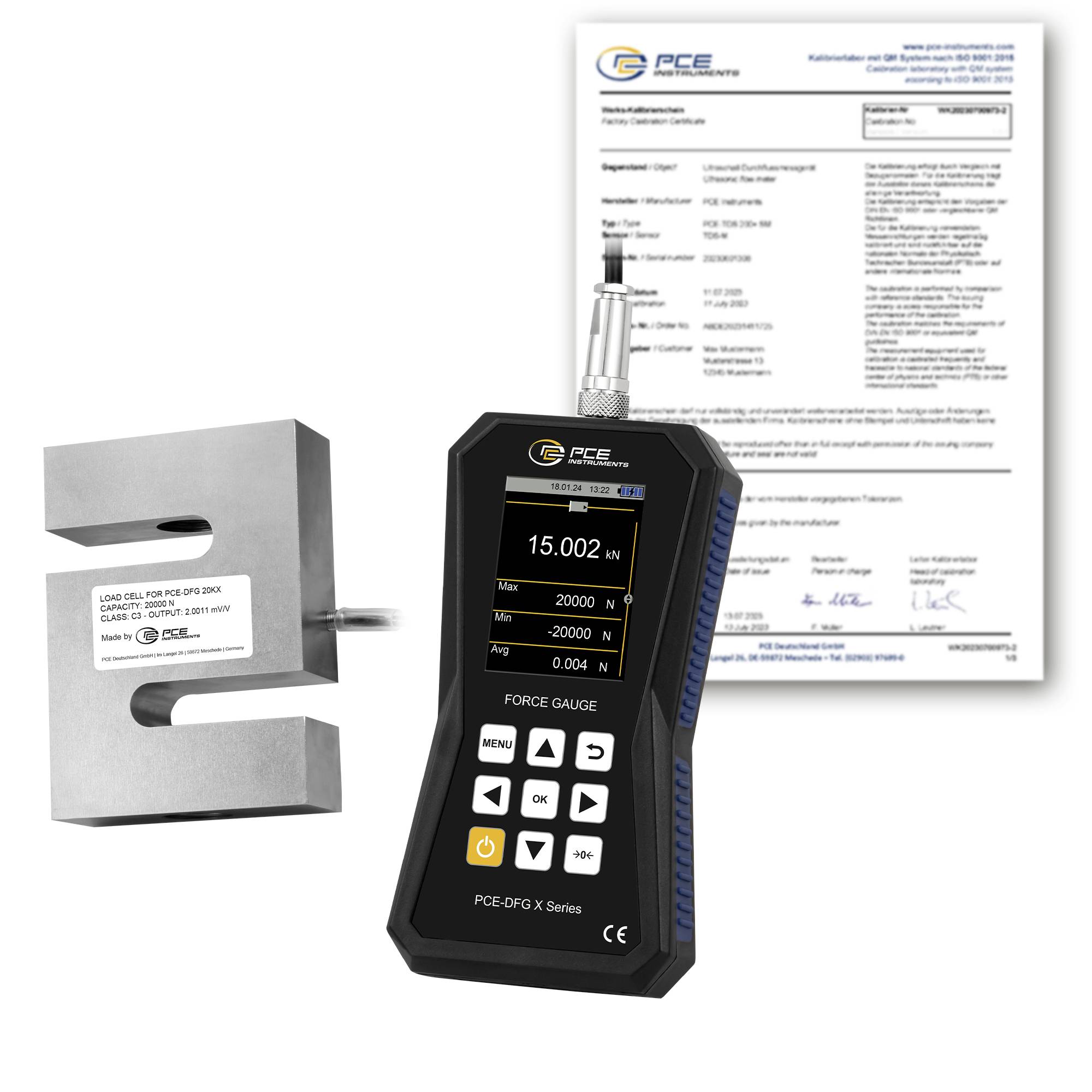 PCE-Kraftmessgerät-Set mit Messwertaufnehmer und Kalibrierzertifikat, zeigt digitales Messgerät mit Anzeige von 15.002 kN.