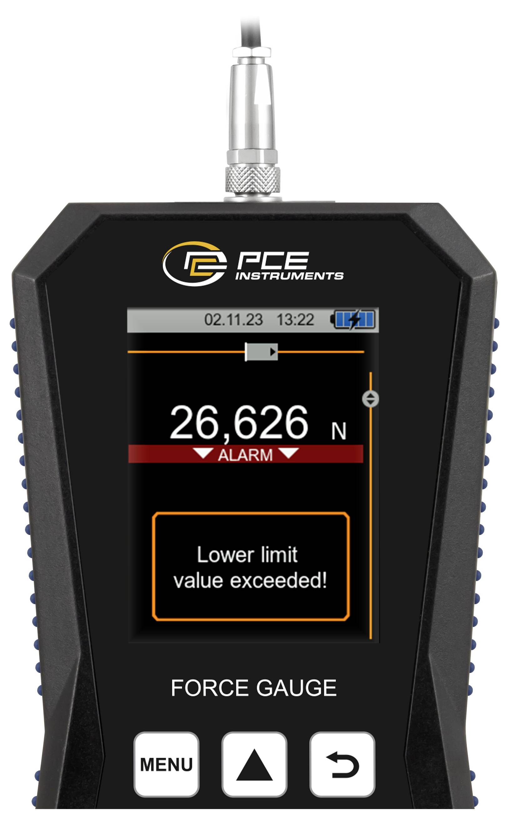 PCE Instruments Kraftmessgerät-Display zeigt 26.626 N und eine Alarmmeldung „Unterer Grenzwert überschritten!