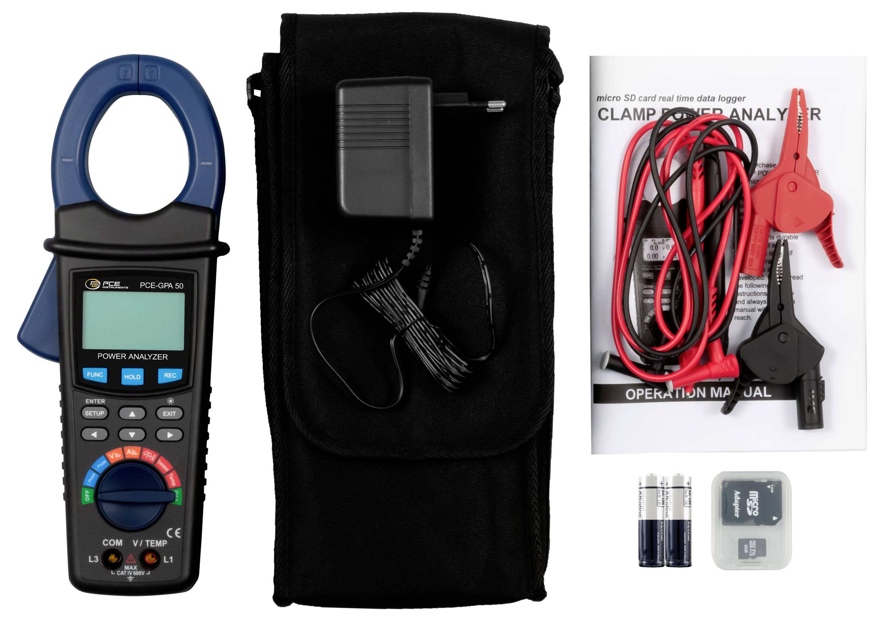 Stromzangen-Analyzer-Set mit tragbarem Messgerät, Transportkoffer, Messleitungen, Bedienungsanleitung, Stromzangen, Batterien und kleinem Zubehörmodul.