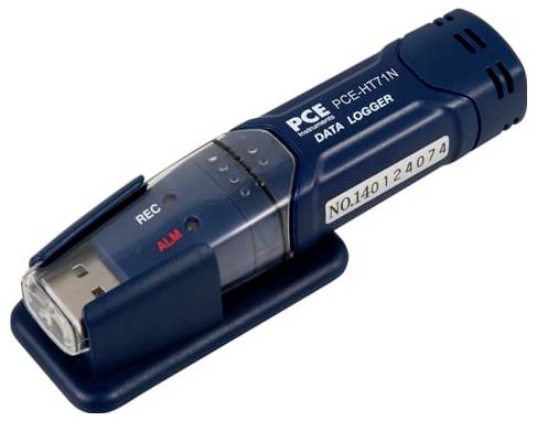 Blauer PCE-HT71N Datenlogger in einer Ladeschale, mit sichtbaren REC- und ALM-Anzeigelampen.
