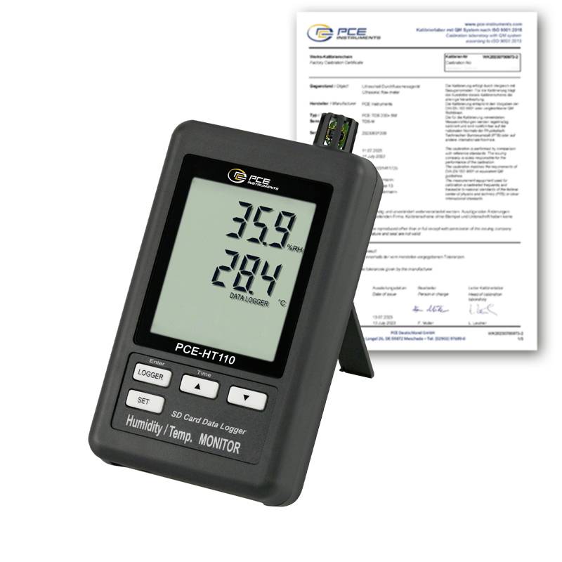 PCE-HT110 Feuchte- und Temperatur-Datenlogger zeigt 35,9% rF und 28,4°C, mit Kalibrierbestandteile dahinter.