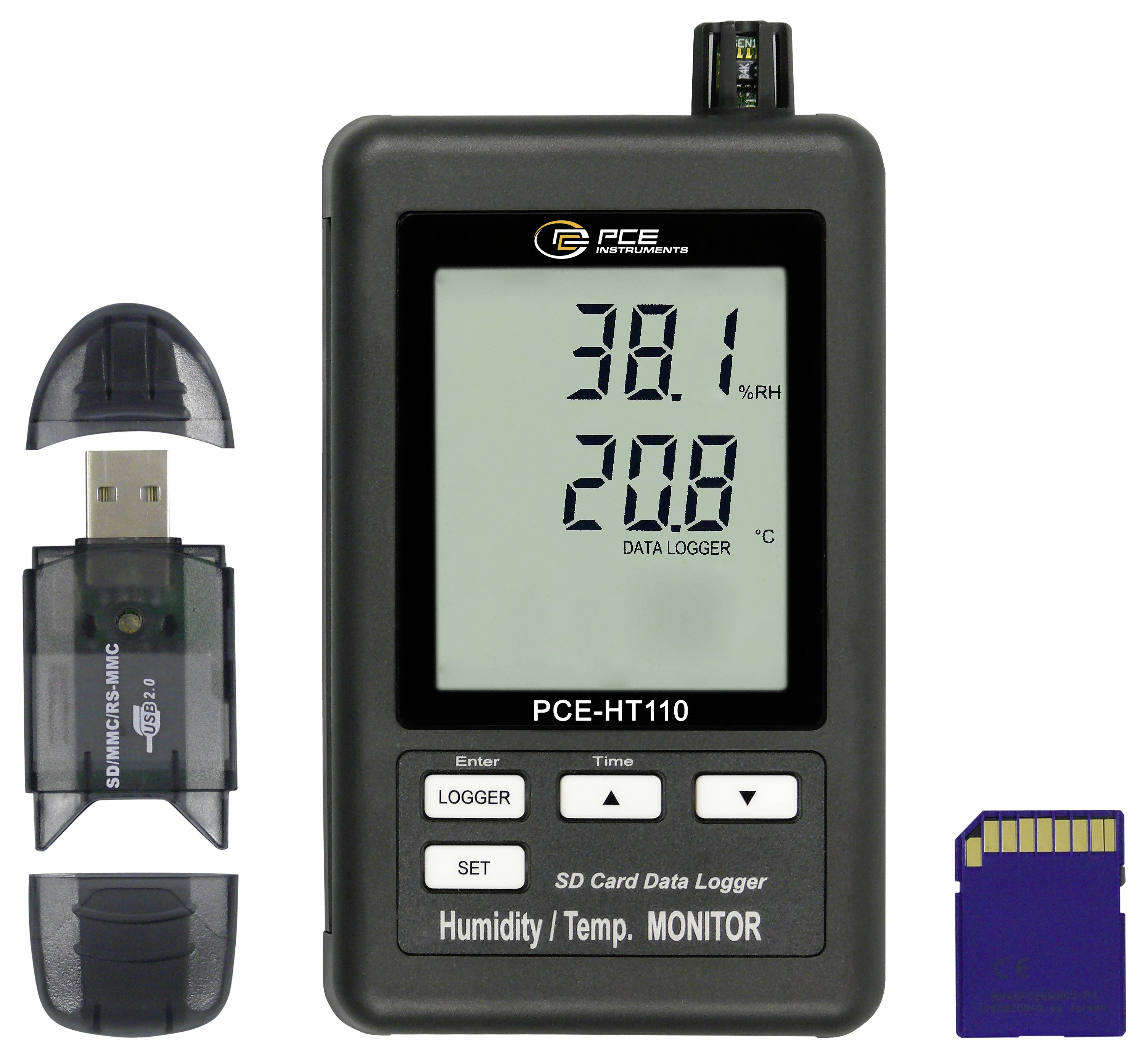 Digitales Feuchte- und Temperatur-Datenlogger-Display mit Anzeige von 38,1% RF und 20,8°C, mit USB-Sensor, Schutzkappe und SD-Karte.