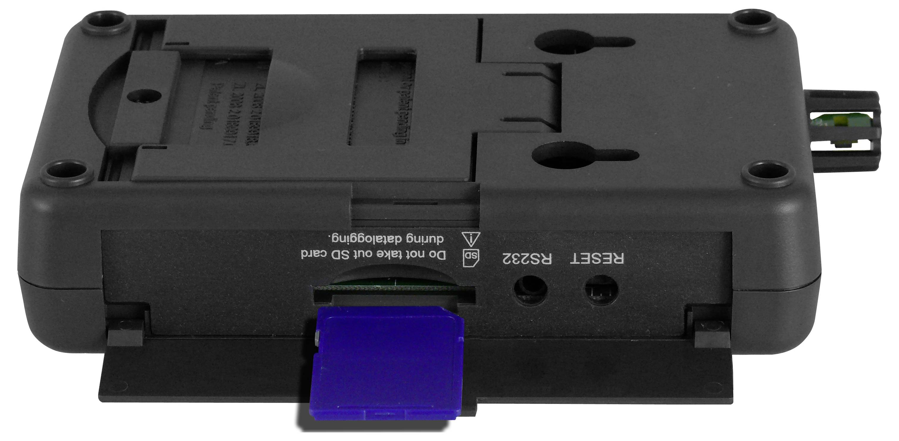 Schwarzer elektronischer Adapter/Modul mit einem blauen Stecker, der von der Vorderseite herausragt, und einem kleinen Anschluss auf der rechten Seite.