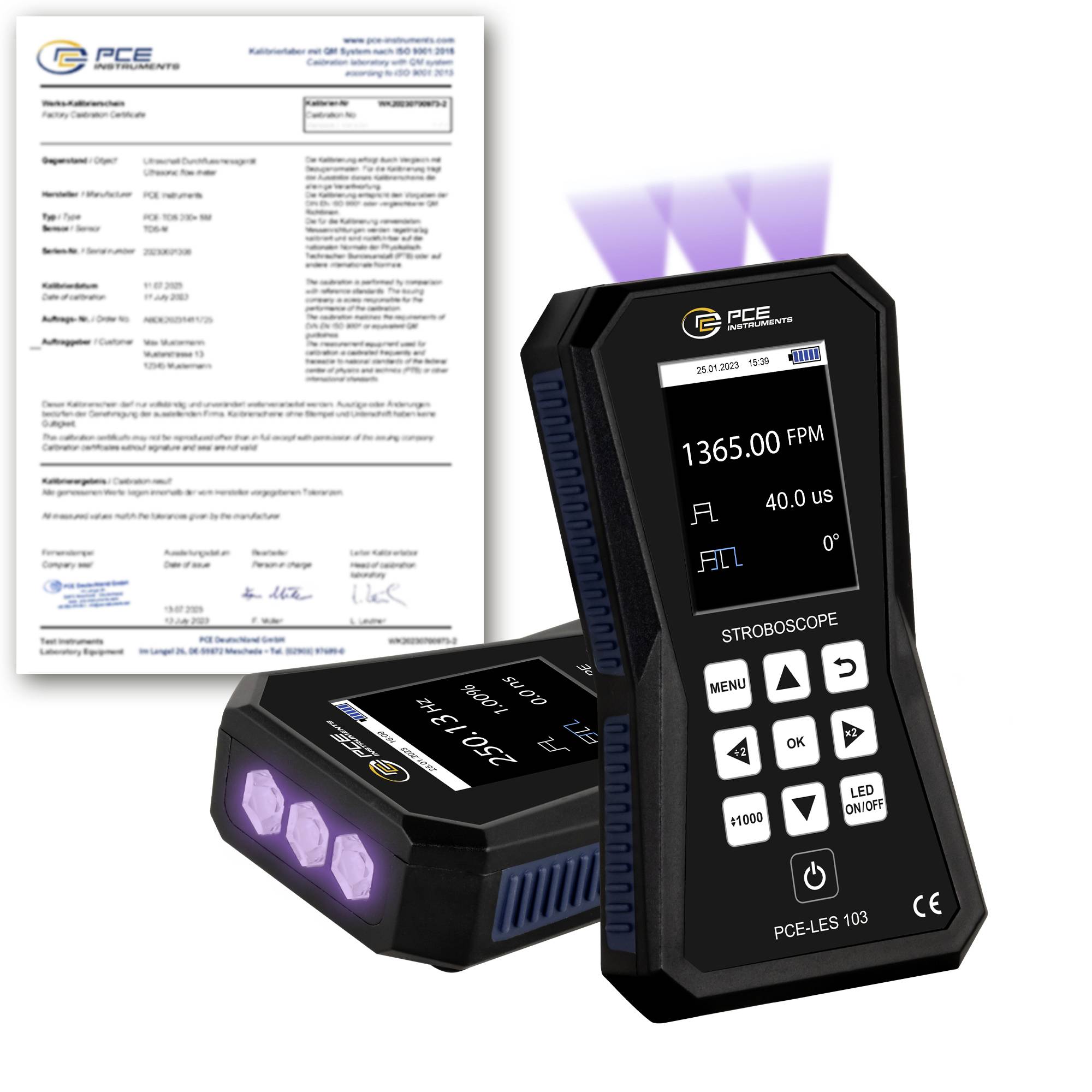 PCE-LES 103 tragbares Stroboskop zeigt 1365,00 FPM und 40,0 µs an, dargestellt mit einem Kalibrierzertifikat und UV-LED-Ausgang